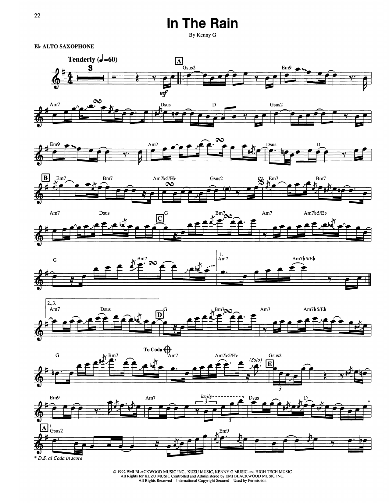 Kenny G In The Rain Sheet Music Notes & Chords for Alto Sax Transcription - Download or Print PDF