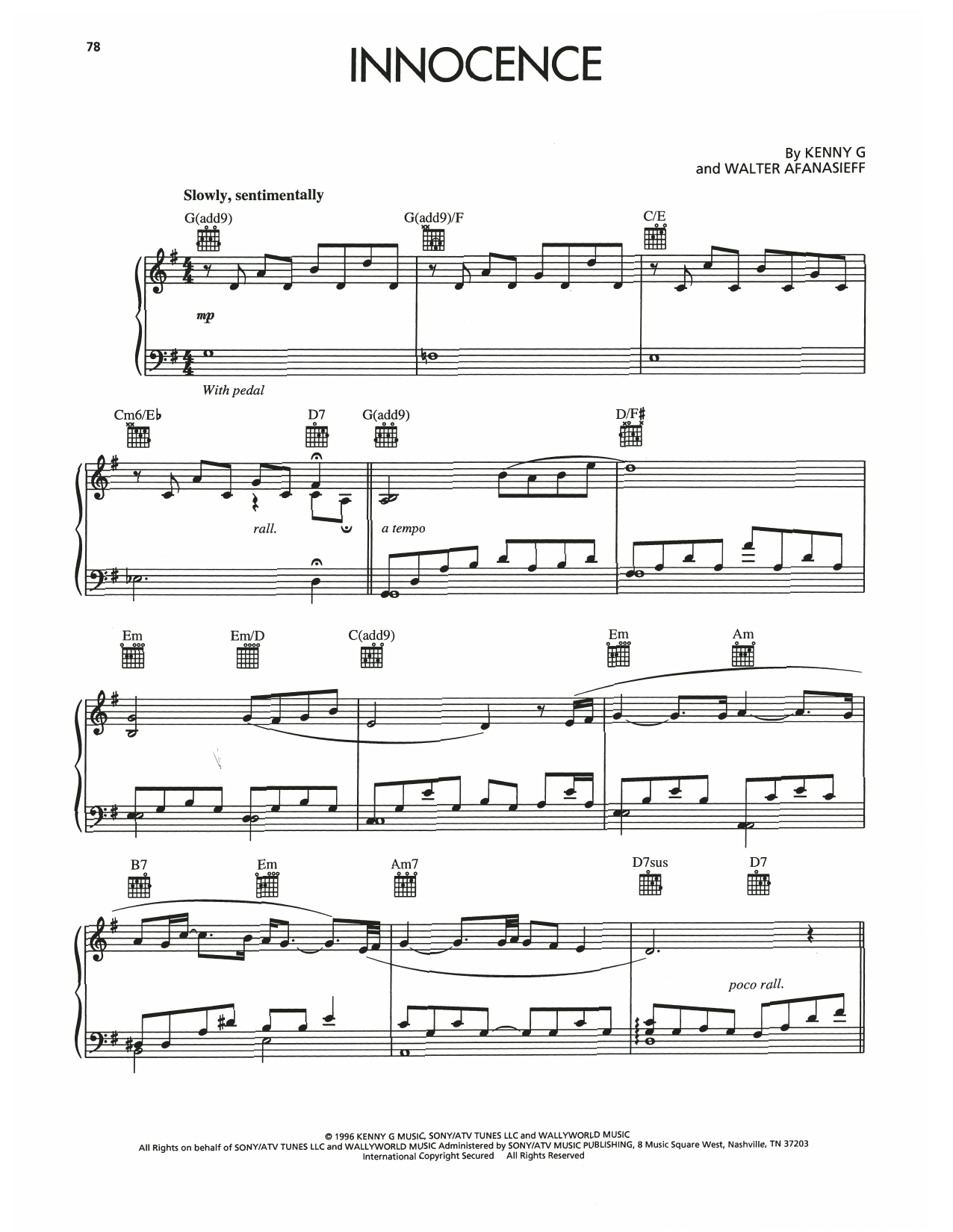 Kenny G Innocence Sheet Music Notes & Chords for Piano Solo - Download or Print PDF