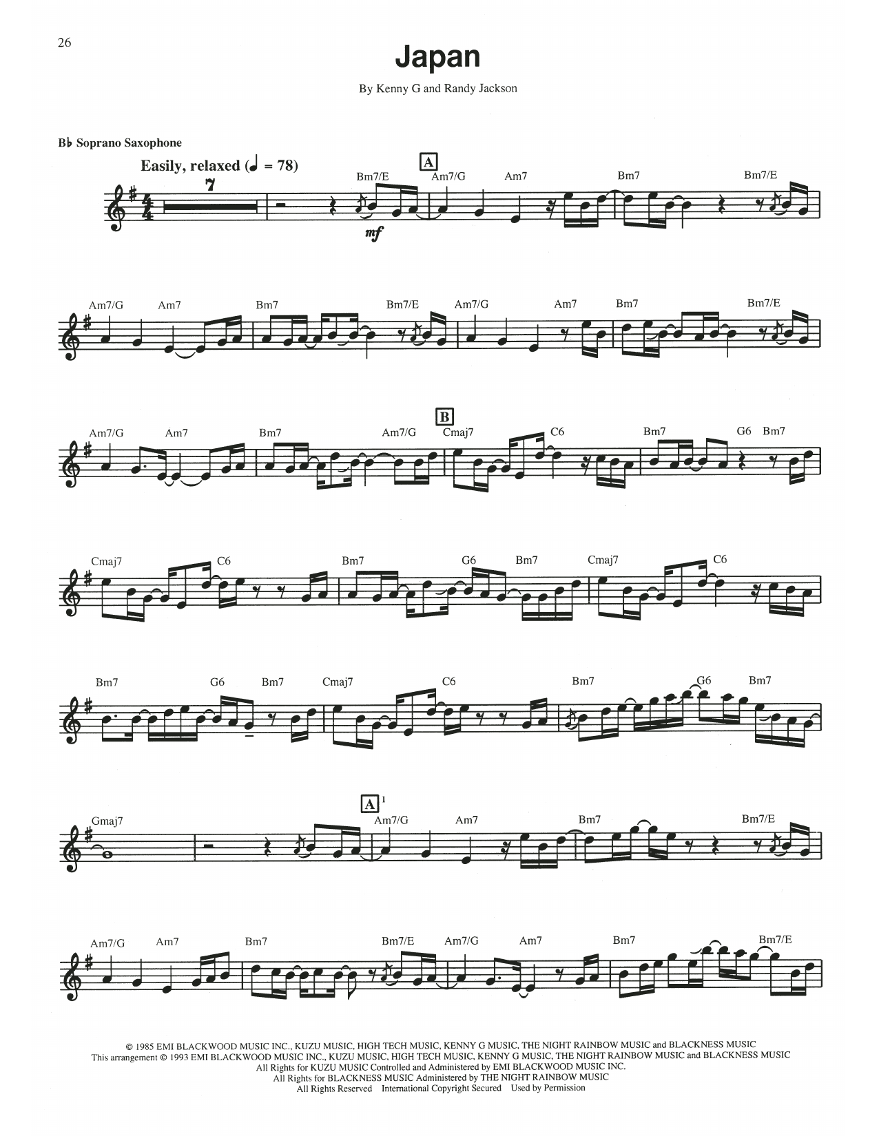 Kenny G Japan Sheet Music Notes & Chords for Soprano Sax Transcription - Download or Print PDF Kenny G Japan Sheet Music Notes & Chords for Soprano Sax Transcription - Download or Print PDF
