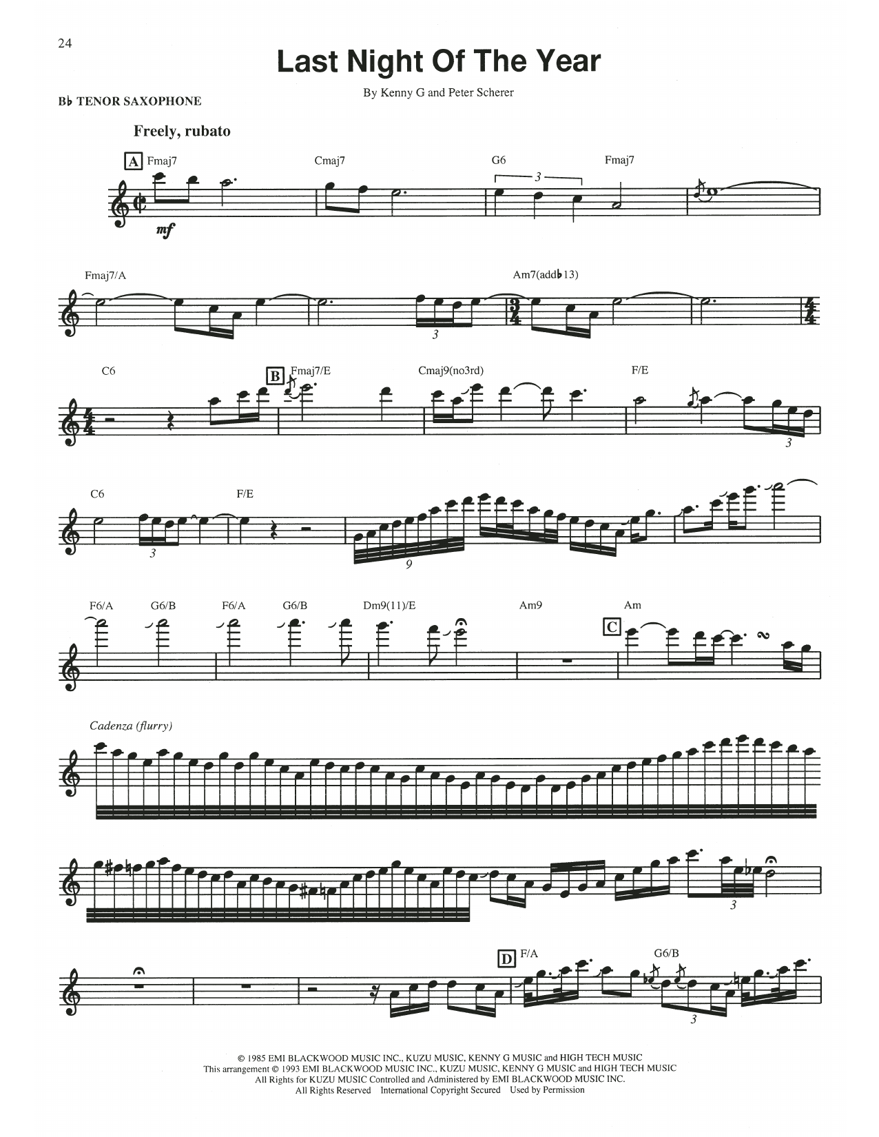 Kenny G Last Night Of The Year Sheet Music Notes & Chords for Tenor Sax Transcription - Download or Print PDF Kenny G Last Night Of The Year Sheet Music Notes & Chords for Tenor Sax Transcription - Download or Print PDF