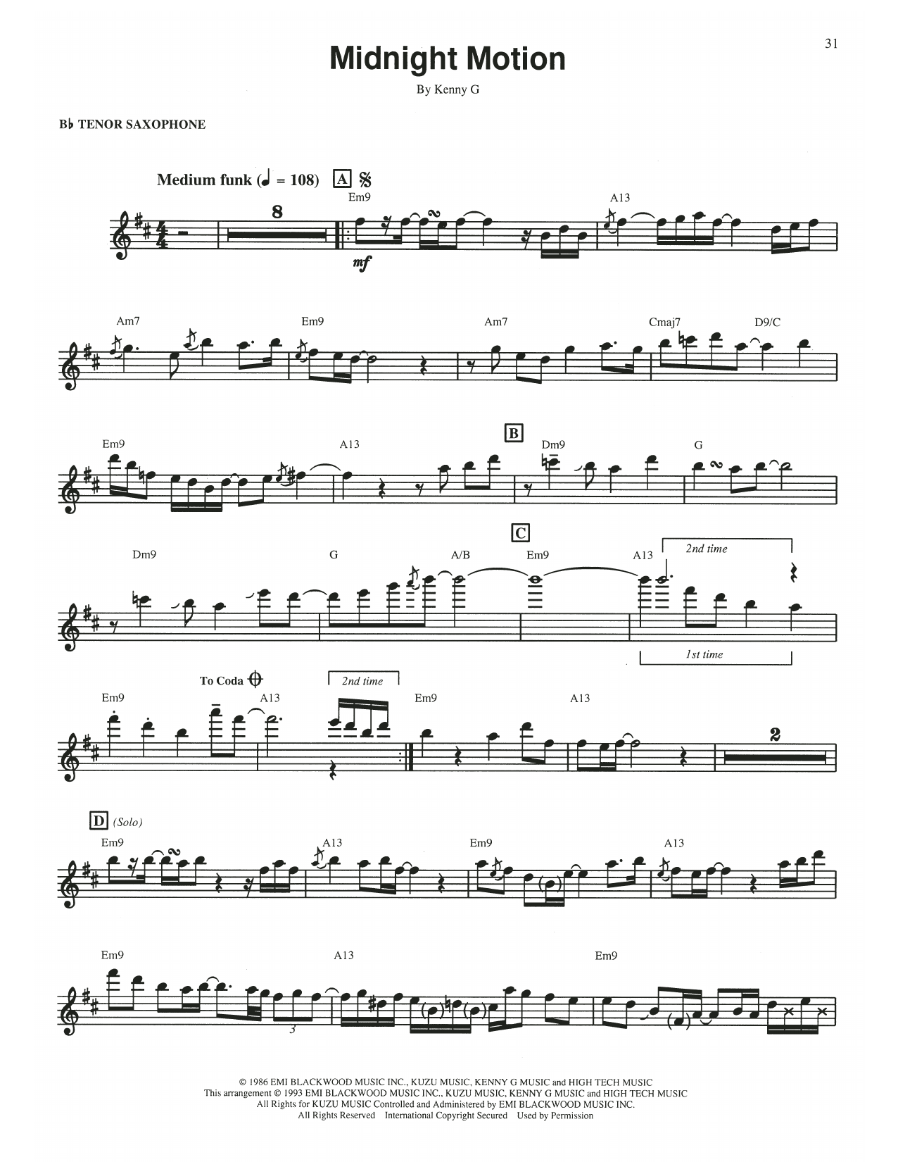 Kenny G Midnight Motion Sheet Music Notes & Chords for Tenor Sax Transcription - Download or Print PDF Kenny G Midnight Motion Sheet Music Notes & Chords for Tenor Sax Transcription - Download or Print PDF