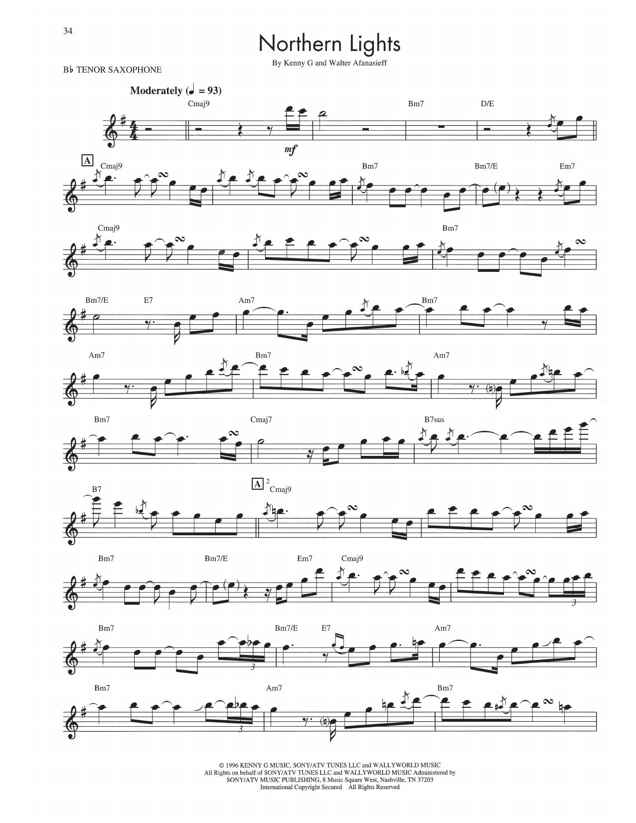 Kenny G Northern Lights Sheet Music Notes & Chords for Tenor Sax Transcription - Download or Print PDF