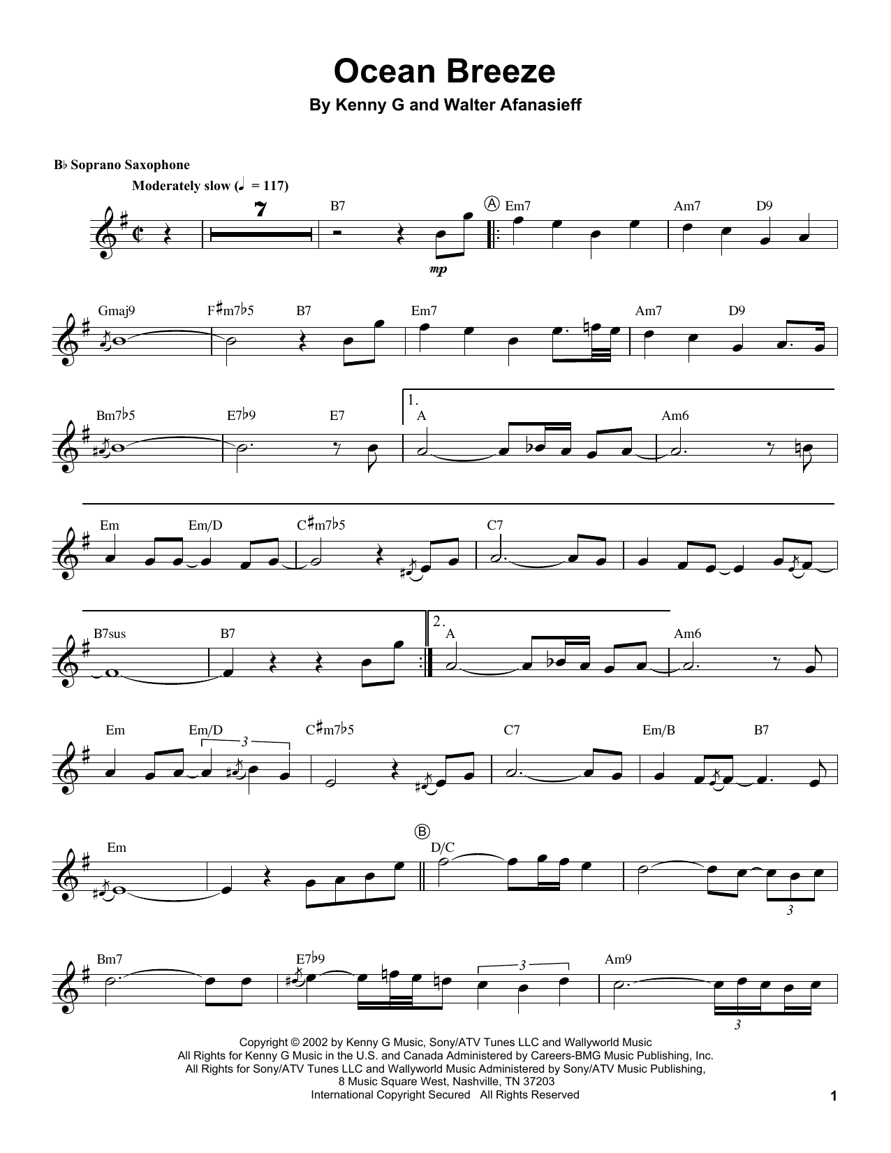 Kenny G Ocean Breeze Sheet Music Notes & Chords for Soprano Sax Transcription - Download or Print PDF