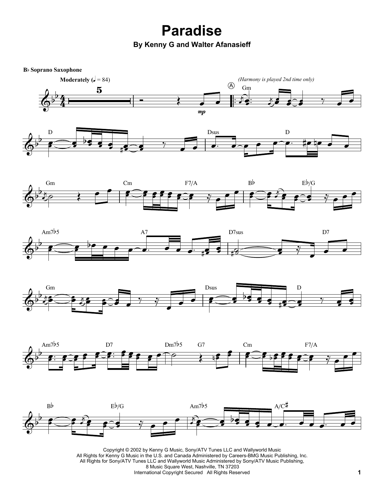 Kenny G Paradise Sheet Music Notes & Chords for Soprano Sax Transcription - Download or Print PDF
