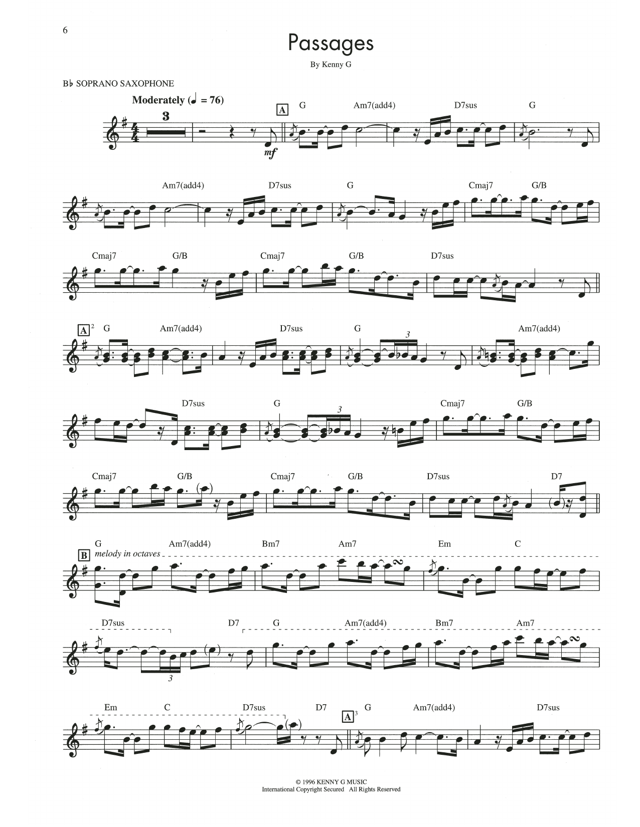 Kenny G Passages Sheet Music Notes & Chords for Soprano Sax Transcription - Download or Print PDF