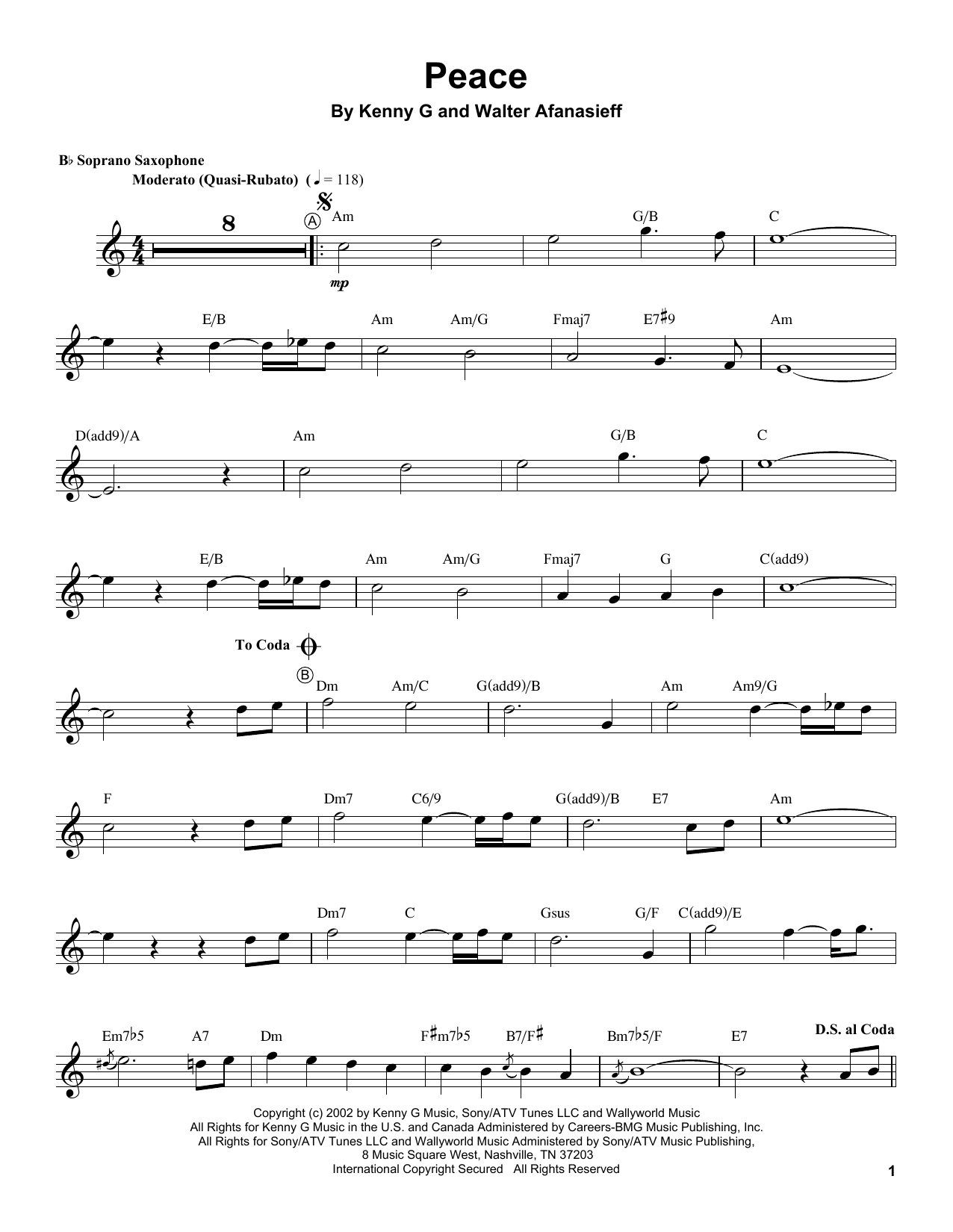 Kenny G Peace Sheet Music Notes & Chords for Soprano Sax Transcription - Download or Print PDF