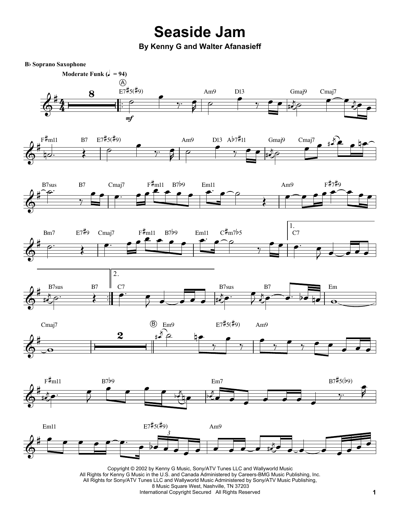 Kenny G Seaside Jam Sheet Music Notes & Chords for Soprano Sax Transcription - Download or Print PDF