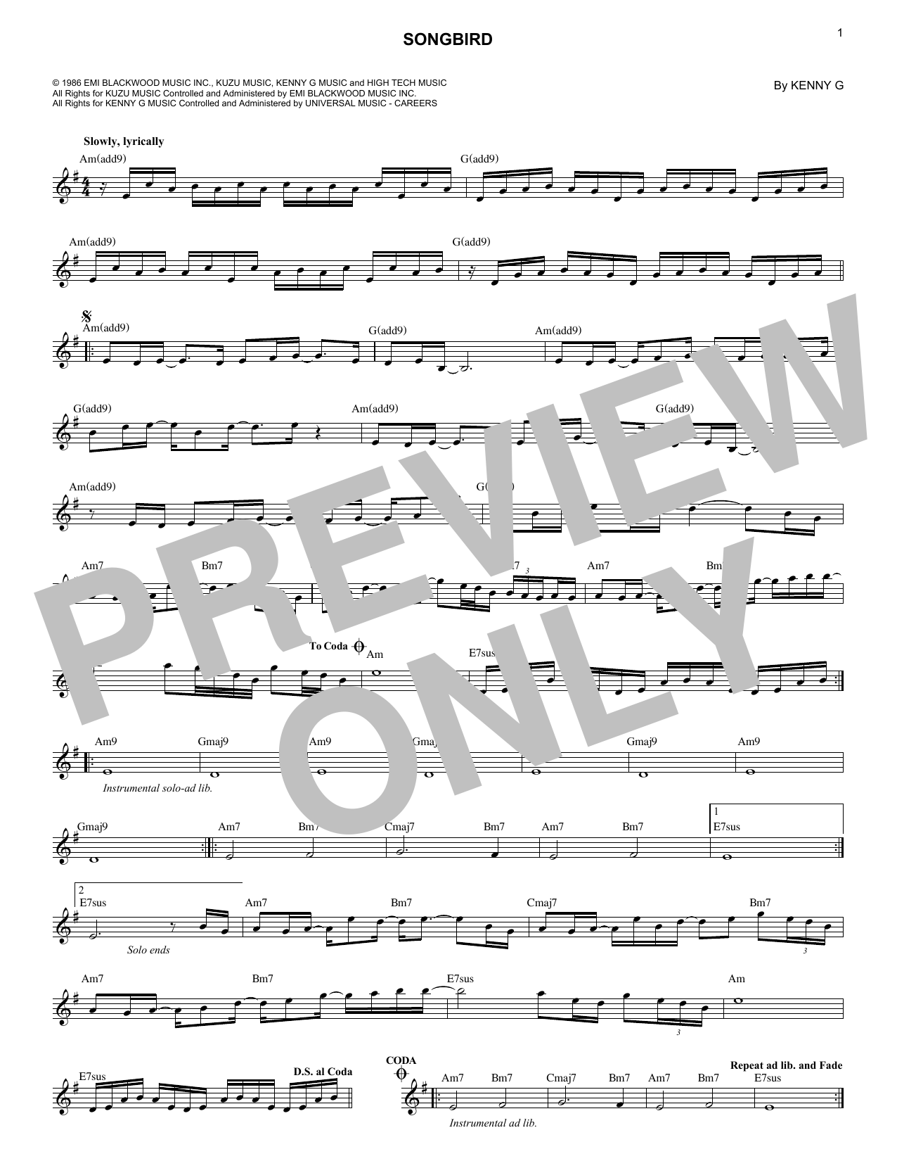 Kenny G Songbird Sheet Music Notes & Chords for Tenor Sax Solo - Download or Print PDF