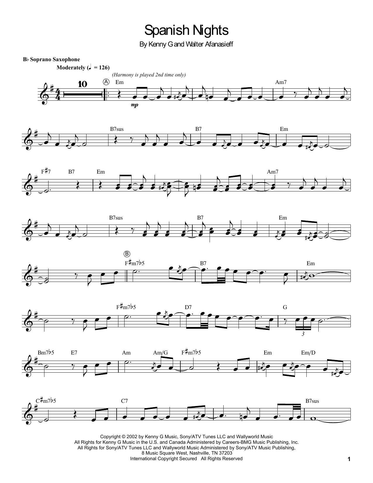 Kenny G Spanish Nights Sheet Music Notes & Chords for Soprano Sax Transcription - Download or Print PDF