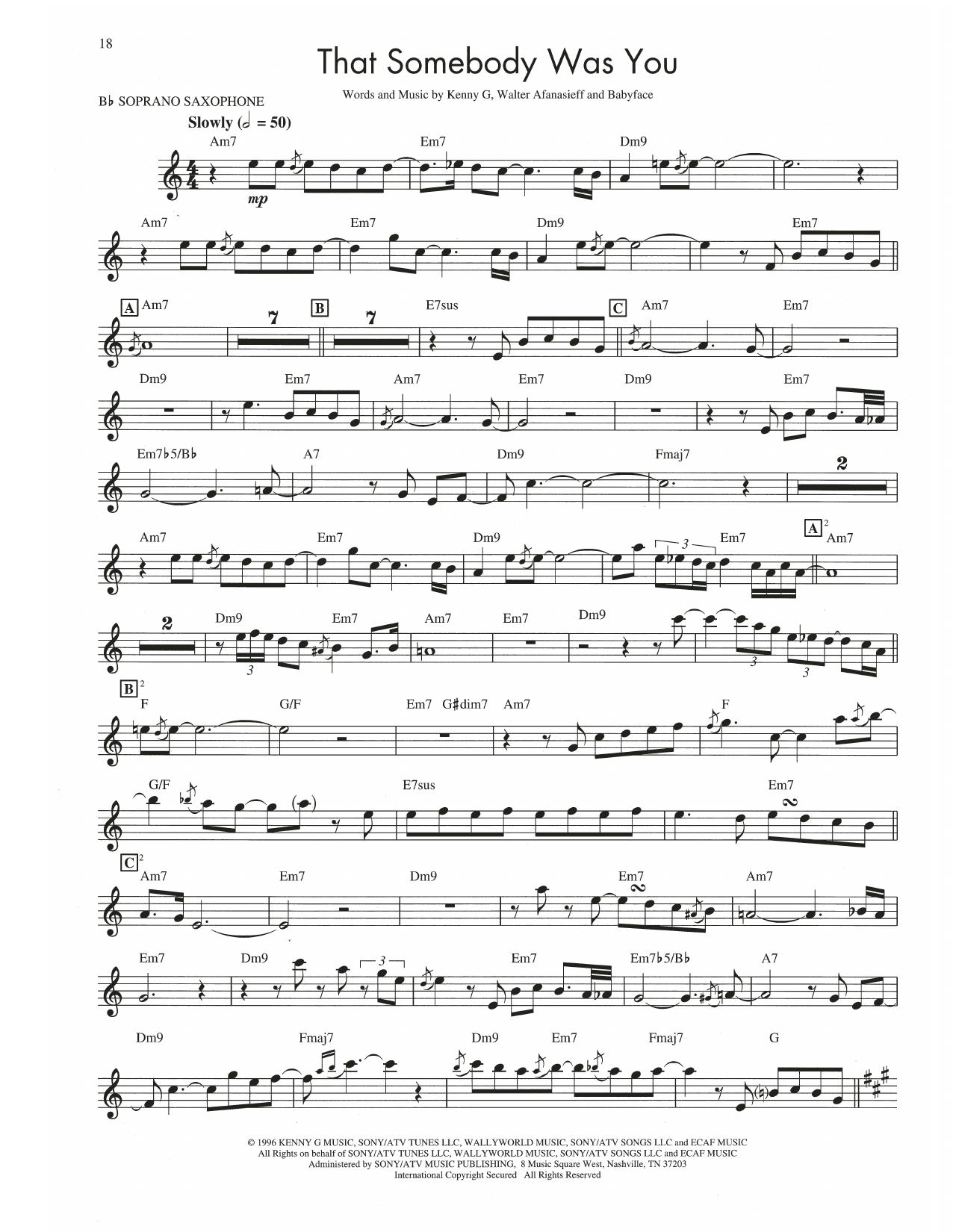 Kenny G That Somebody Was You Sheet Music Notes & Chords for Soprano Sax Transcription - Download or Print PDF