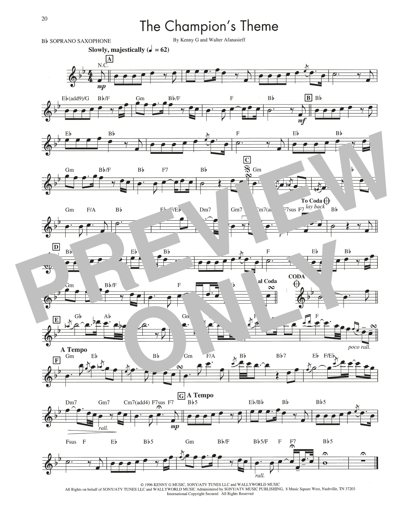 Kenny G The Champion's Theme Sheet Music Notes & Chords for Soprano Sax Transcription - Download or Print PDF