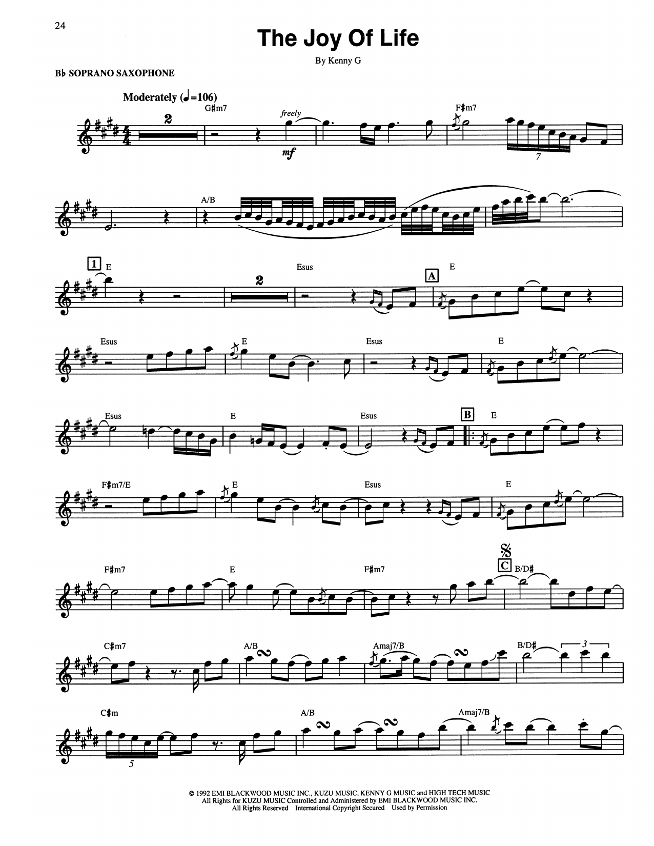 Kenny G The Joy Of Life Sheet Music Notes & Chords for Soprano Sax Transcription - Download or Print PDF