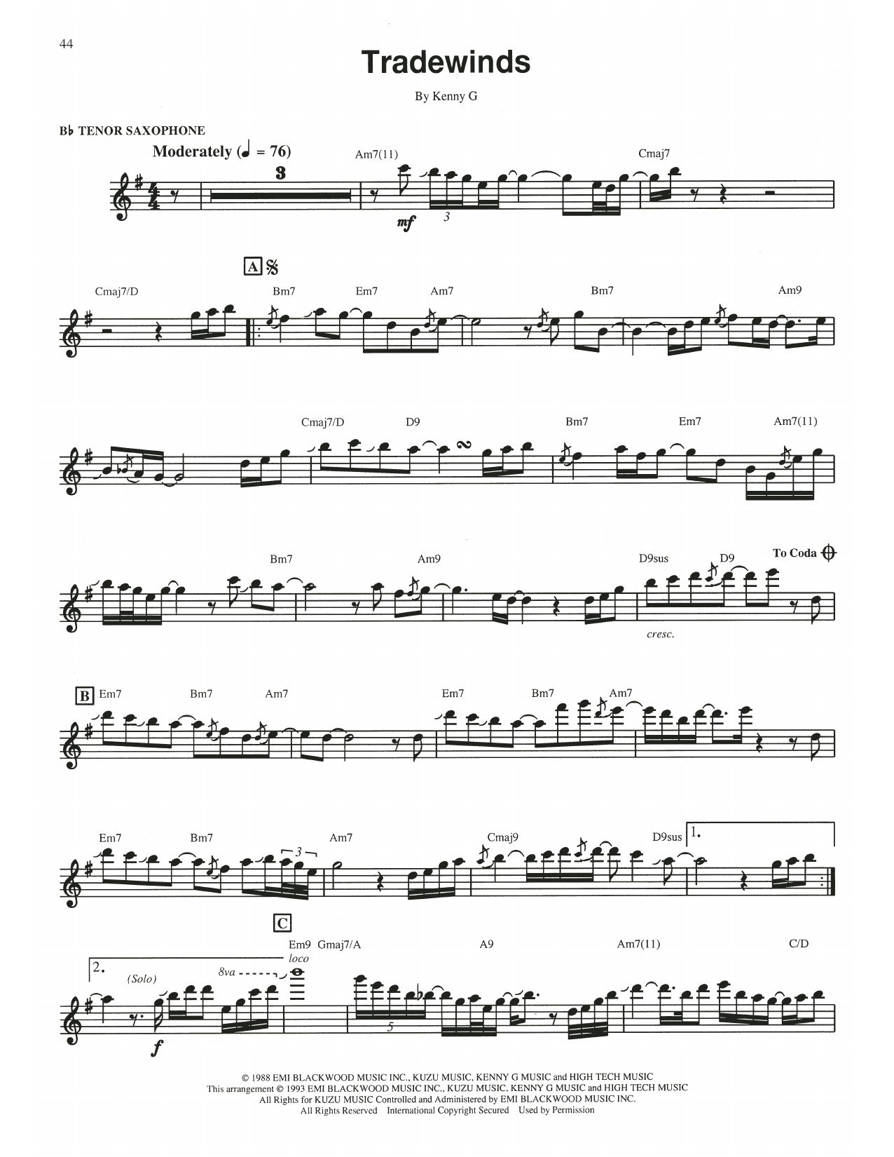 Kenny G Tradewinds Sheet Music Notes & Chords for Tenor Sax Transcription - Download or Print PDF Kenny G Tradewinds Sheet Music Notes & Chords for Tenor Sax Transcription - Download or Print PDF