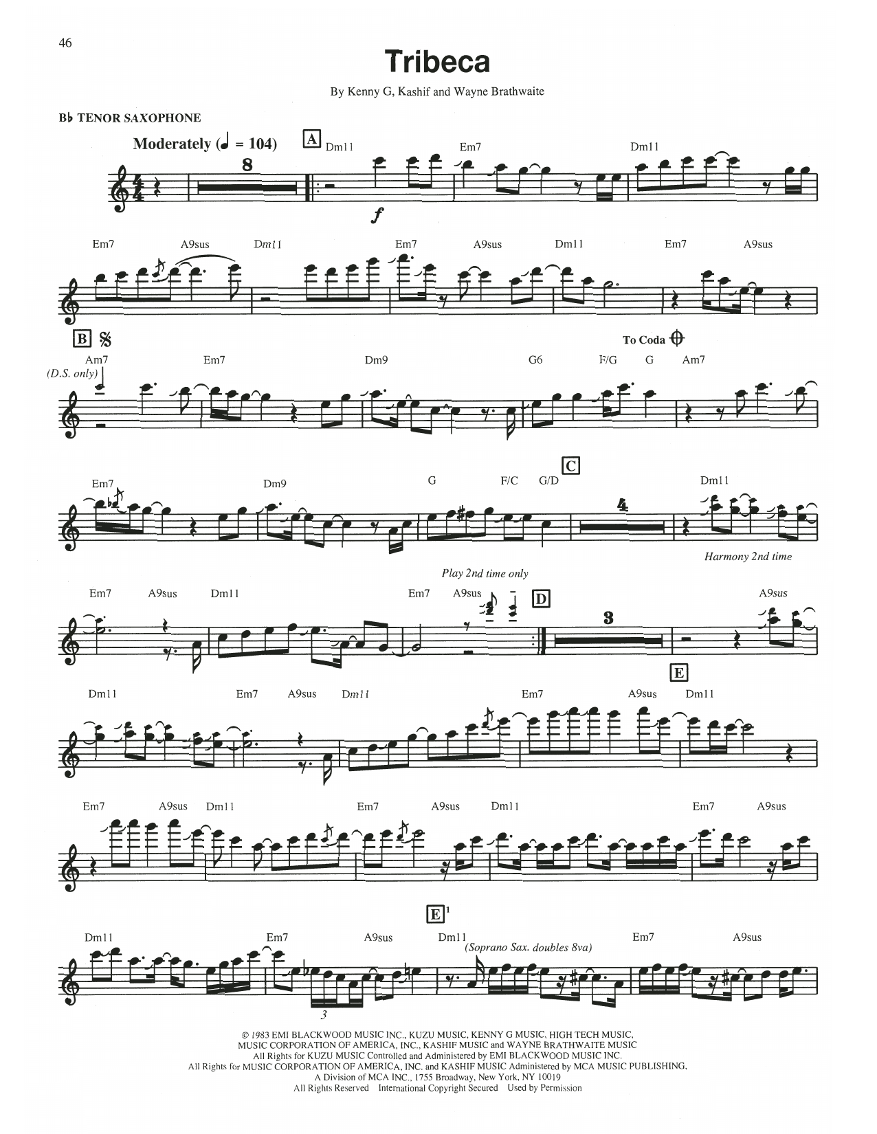Kenny G Tribeca Sheet Music Notes & Chords for Tenor Sax Transcription - Download or Print PDF Kenny G Tribeca Sheet Music Notes & Chords for Tenor Sax Transcription - Download or Print PDF