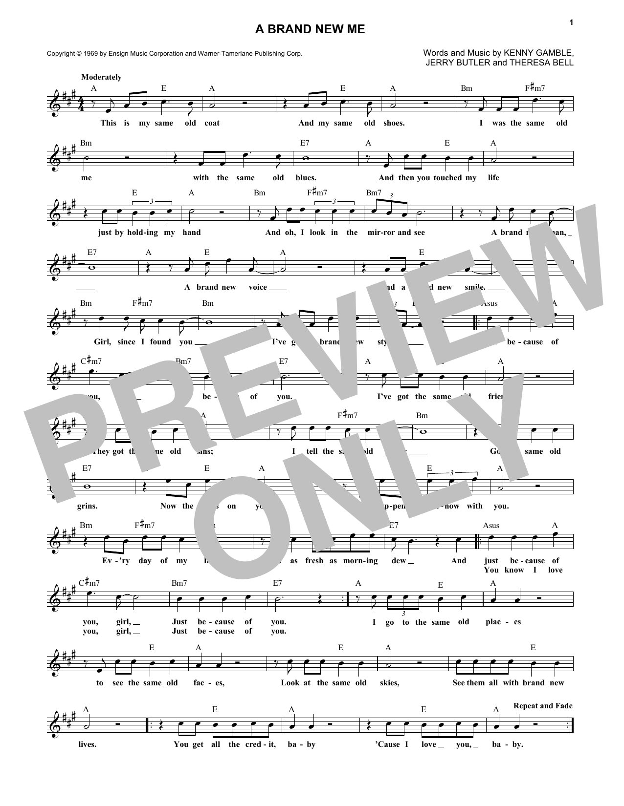 Kenny Gamble A Brand New Me Sheet Music Notes & Chords for Melody Line, Lyrics & Chords - Download or Print PDF
