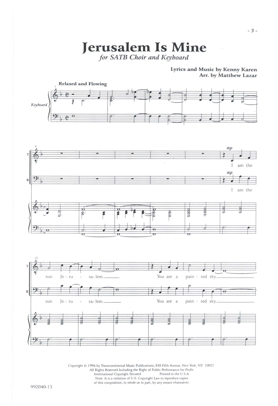 Kenny Karen Jerusalem Is Mine (arr. Matthew Lazar) Sheet Music Notes & Chords for SATB Choir - Download or Print PDF