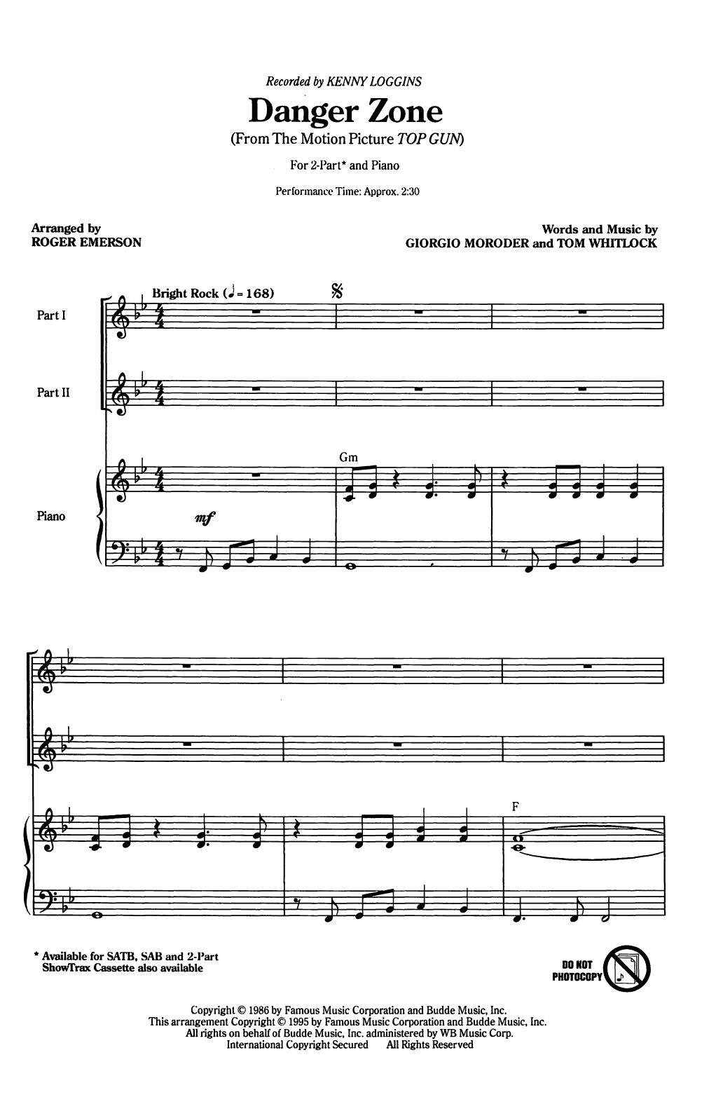 Kenny Loggins Danger Zone (arr. Roger Emerson) Sheet Music Notes & Chords for SAB Choir - Download or Print PDF