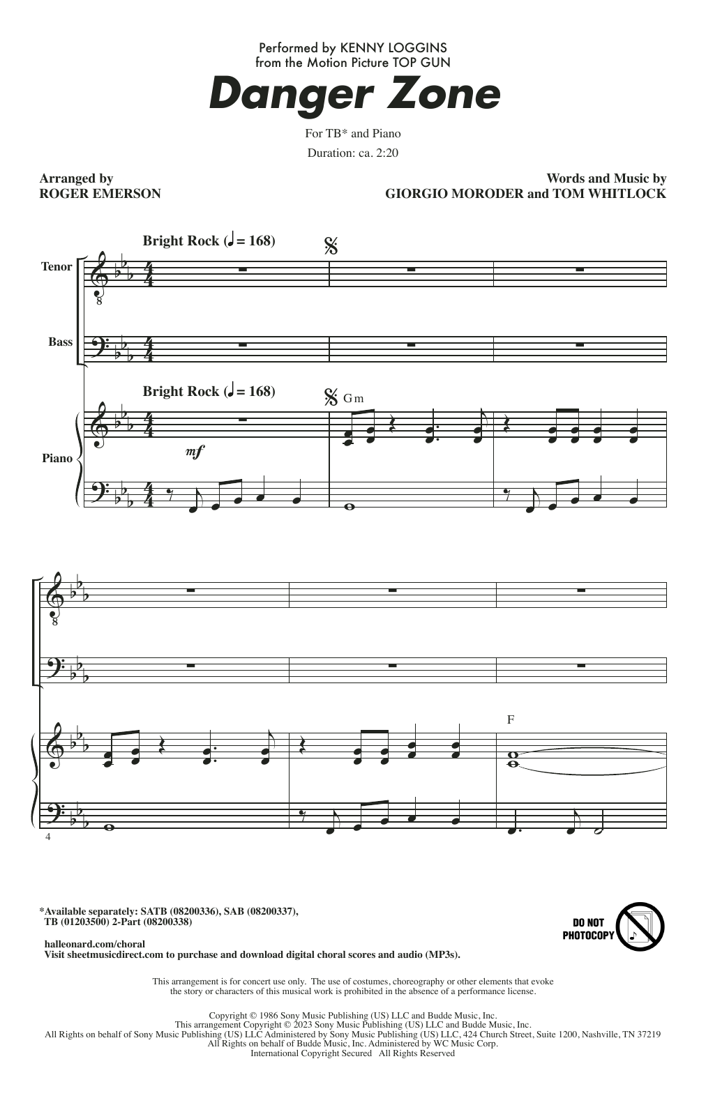 Kenny Loggins Danger Zone (from Top Gun) (arr. Roger Emerson) Sheet Music Notes & Chords for TB Choir - Download or Print PDF