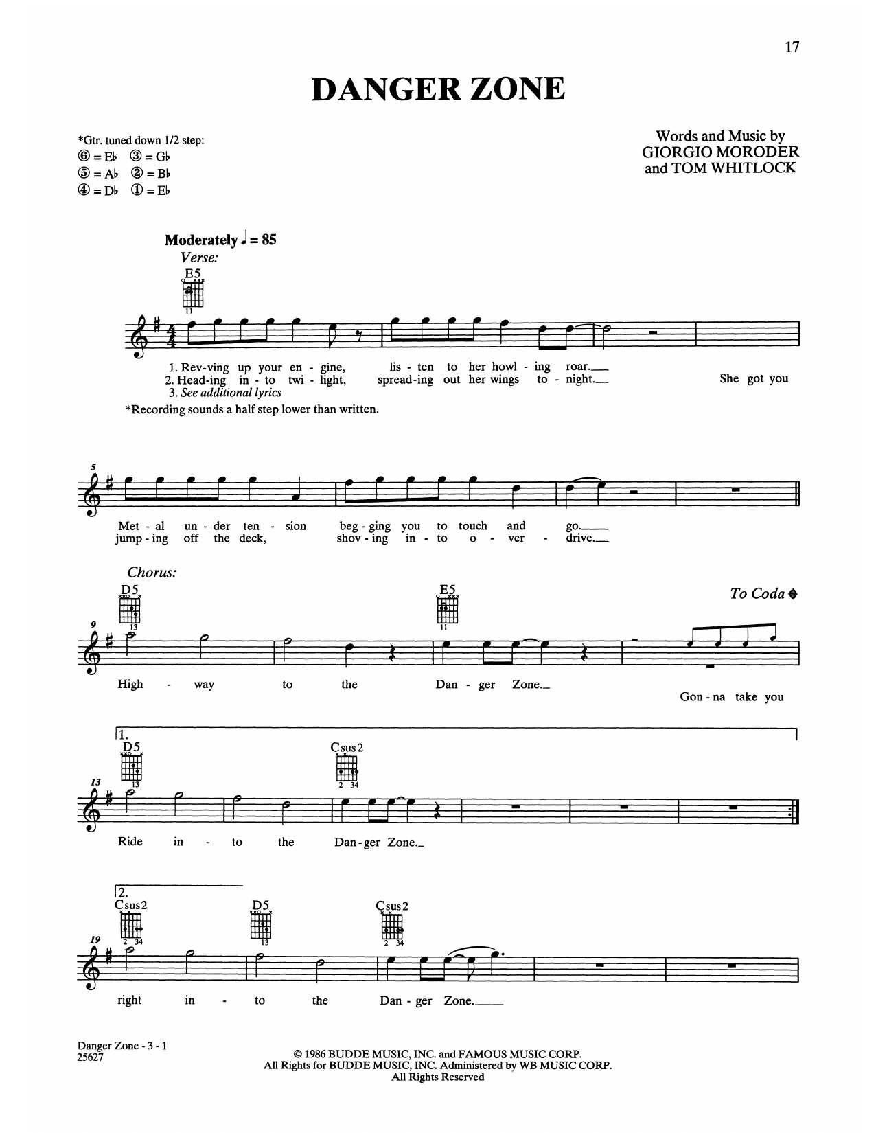 Kenny Loggins Danger Zone (from Top Gun) Sheet Music Notes & Chords for Easy Guitar - Download or Print PDF