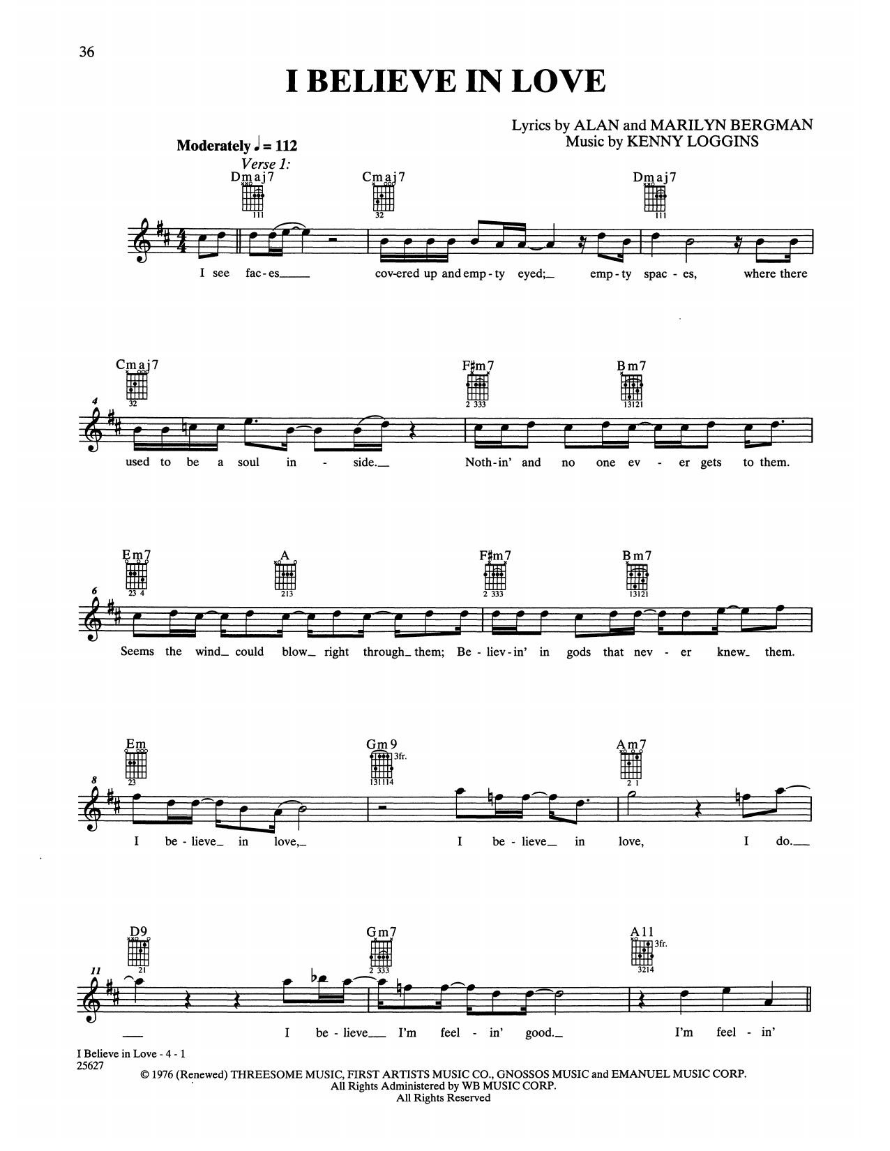 Kenny Loggins I Believe In Love Sheet Music Notes & Chords for Easy Guitar - Download or Print PDF