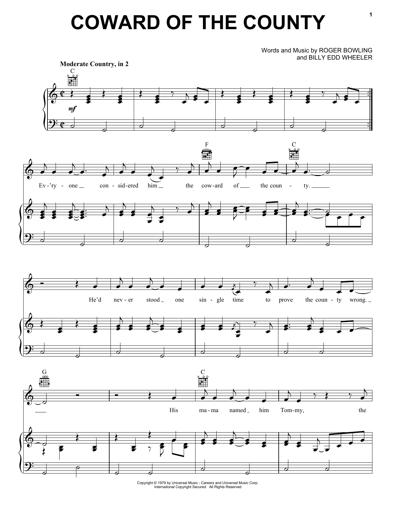 Kenny Rogers Coward Of The County Sheet Music Notes & Chords for Real Book – Melody, Lyrics & Chords - Download or Print PDF