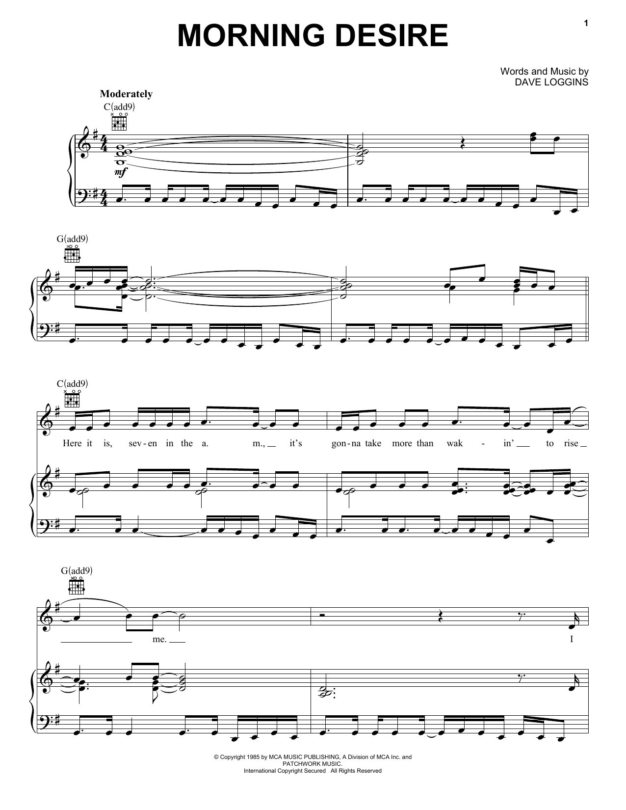 Kenny Rogers Morning Desire Sheet Music Notes & Chords for Piano, Vocal & Guitar Chords (Right-Hand Melody) - Download or Print PDF