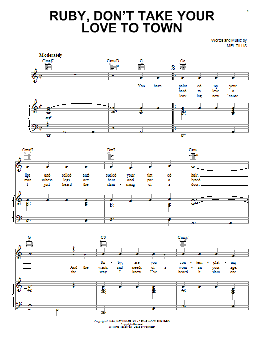 Kenny Rogers Ruby, Don't Take Your Love To Town Sheet Music Notes & Chords for Melody Line, Lyrics & Chords - Download or Print PDF