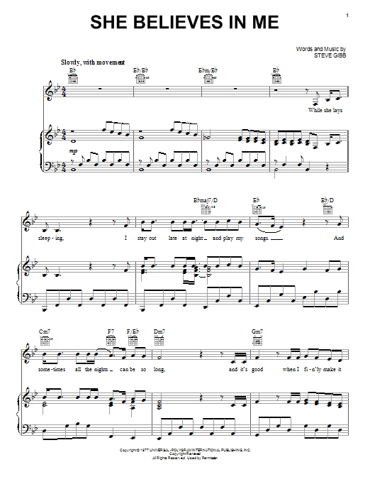 Kenny Rogers She Believes In Me Sheet Music Notes & Chords for Melody Line, Lyrics & Chords - Download or Print PDF