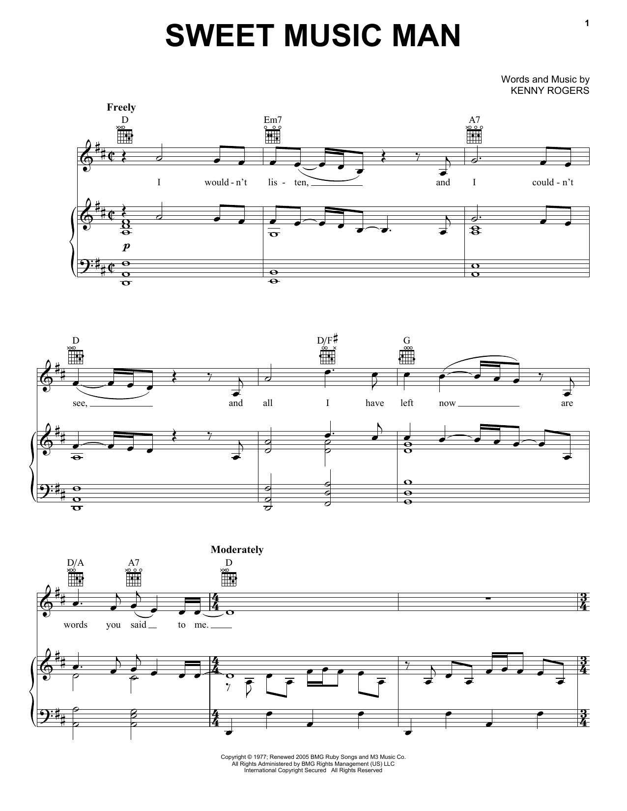 Kenny Rogers Sweet Music Man Sheet Music Notes & Chords for Piano, Vocal & Guitar (Right-Hand Melody) - Download or Print PDF