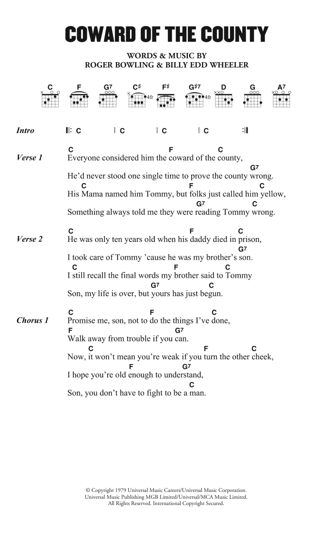 Kenny Rogers The Coward of the County Sheet Music Notes & Chords for Lyrics & Chords - Download or Print PDF