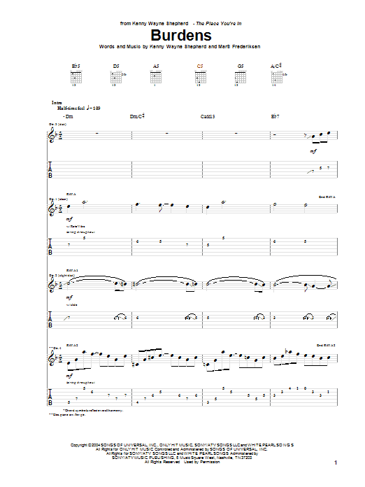 Kenny Wayne Shepherd Burdens Sheet Music Notes & Chords for Guitar Tab - Download or Print PDF