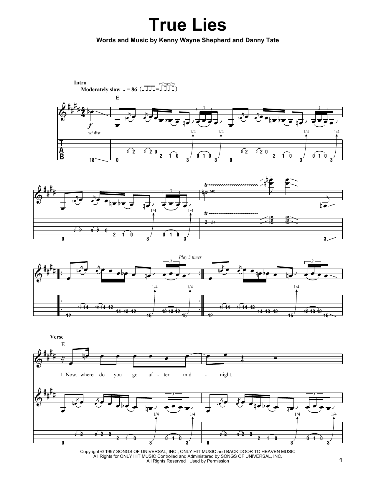 Kenny Wayne Shepherd True Lies Sheet Music Notes & Chords for Guitar Tab Play-Along - Download or Print PDF