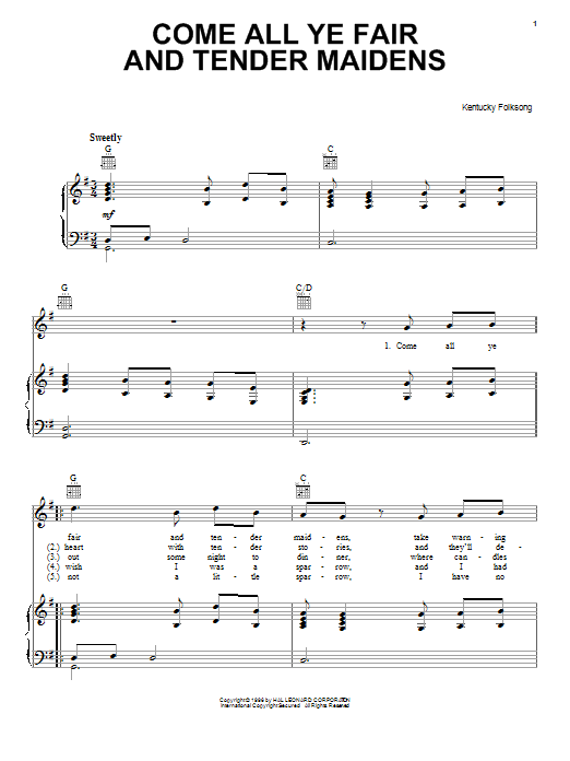 Kentucky Folksong Come All Ye Fair And Tender Maidens Sheet Music Notes & Chords for Piano, Vocal & Guitar (Right-Hand Melody) - Download or Print PDF