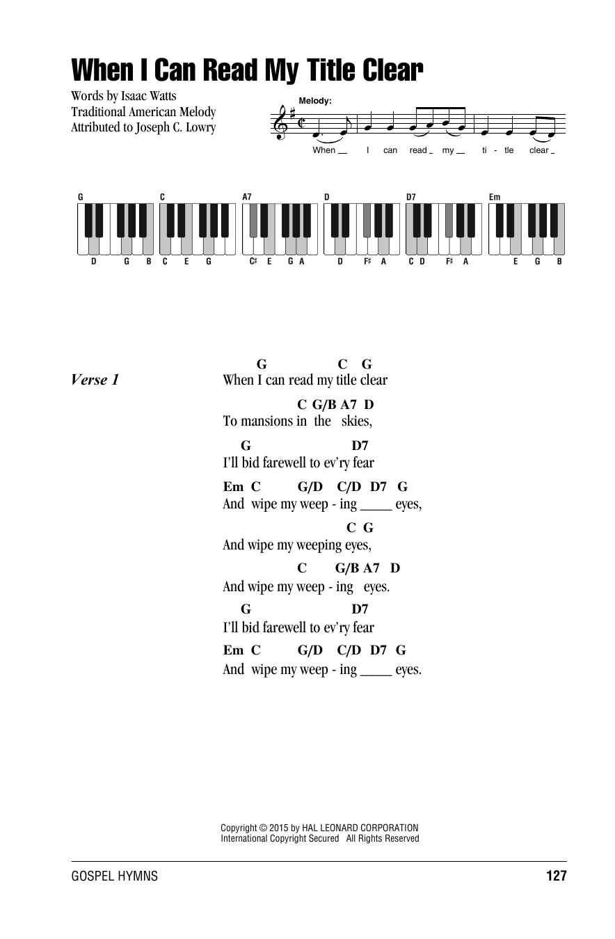 Kentucky Harmony When I Can Read My Title Clear Sheet Music Notes & Chords for Lyrics & Piano Chords - Download or Print PDF