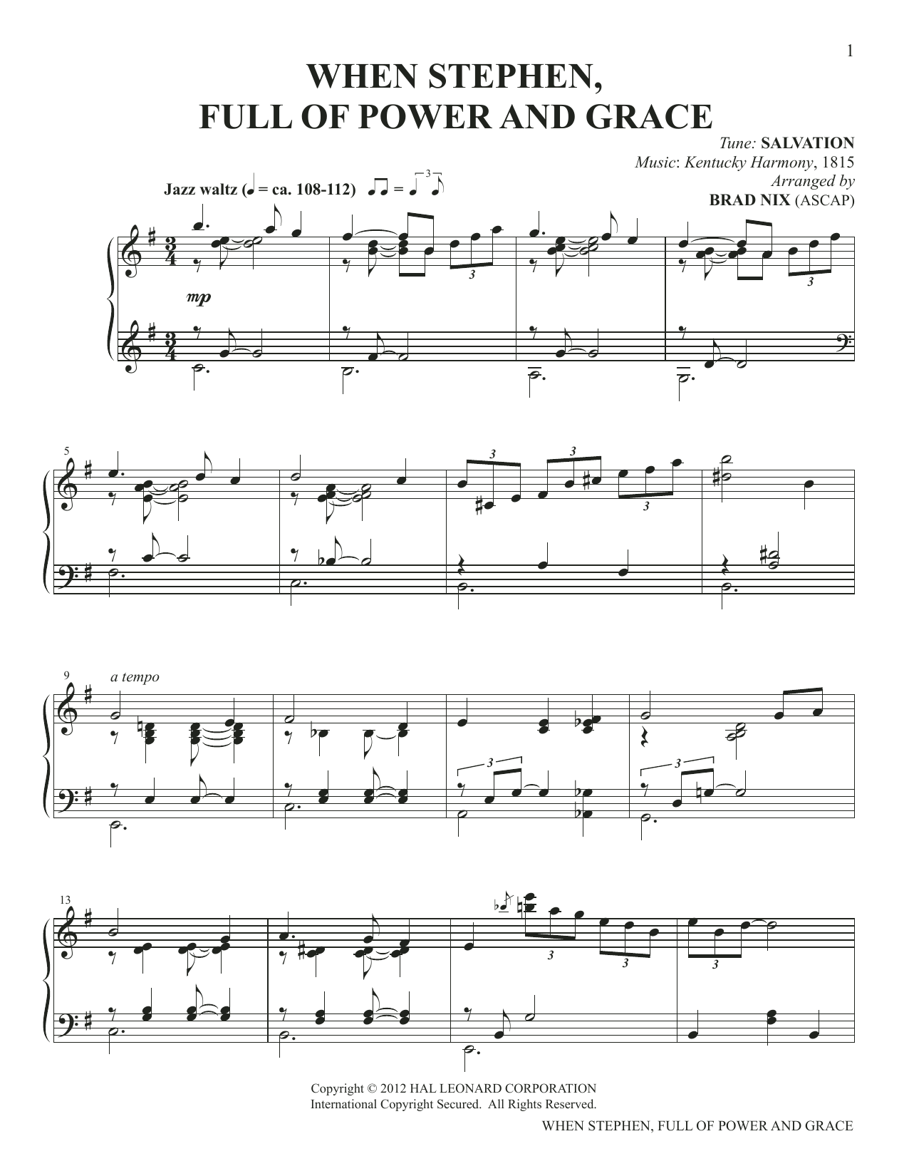 Kentucky Harmony When Stephen, Full Of Power And Grace (arr. Brad Nix) Sheet Music Notes & Chords for Piano Solo - Download or Print PDF