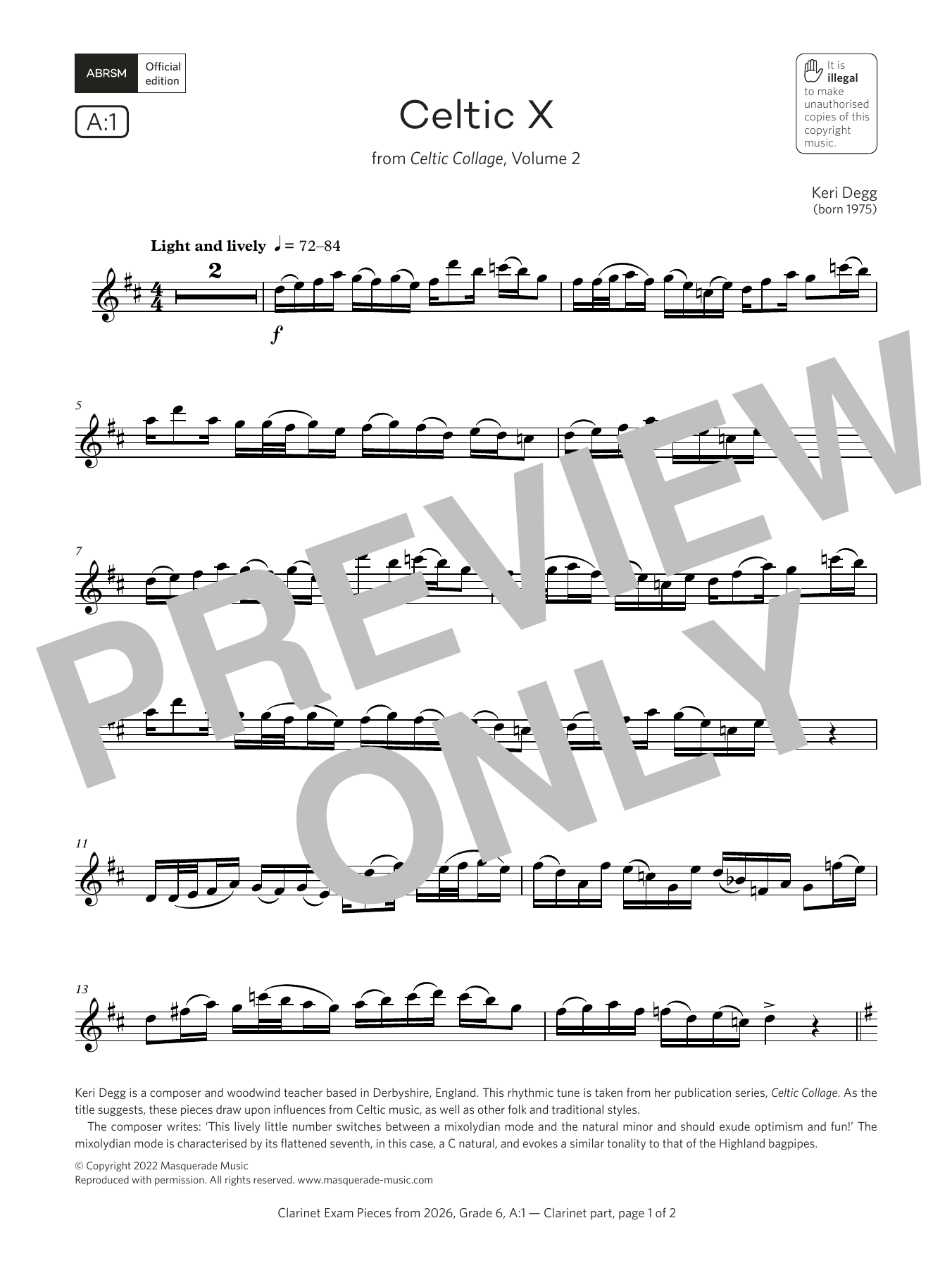 Keri Degg Celtic X (Grade 6, list A1, from the ABRSM Clarinet Syllabus from 2026) Sheet Music Notes & Chords for Clarinet Solo - Download or Print PDF Keri Degg Celtic X (Grade 6, list A1, from the ABRSM Clarinet Syllabus from 2026) Sheet Music Notes & Chords for Clarinet Solo - Download or Print PDF