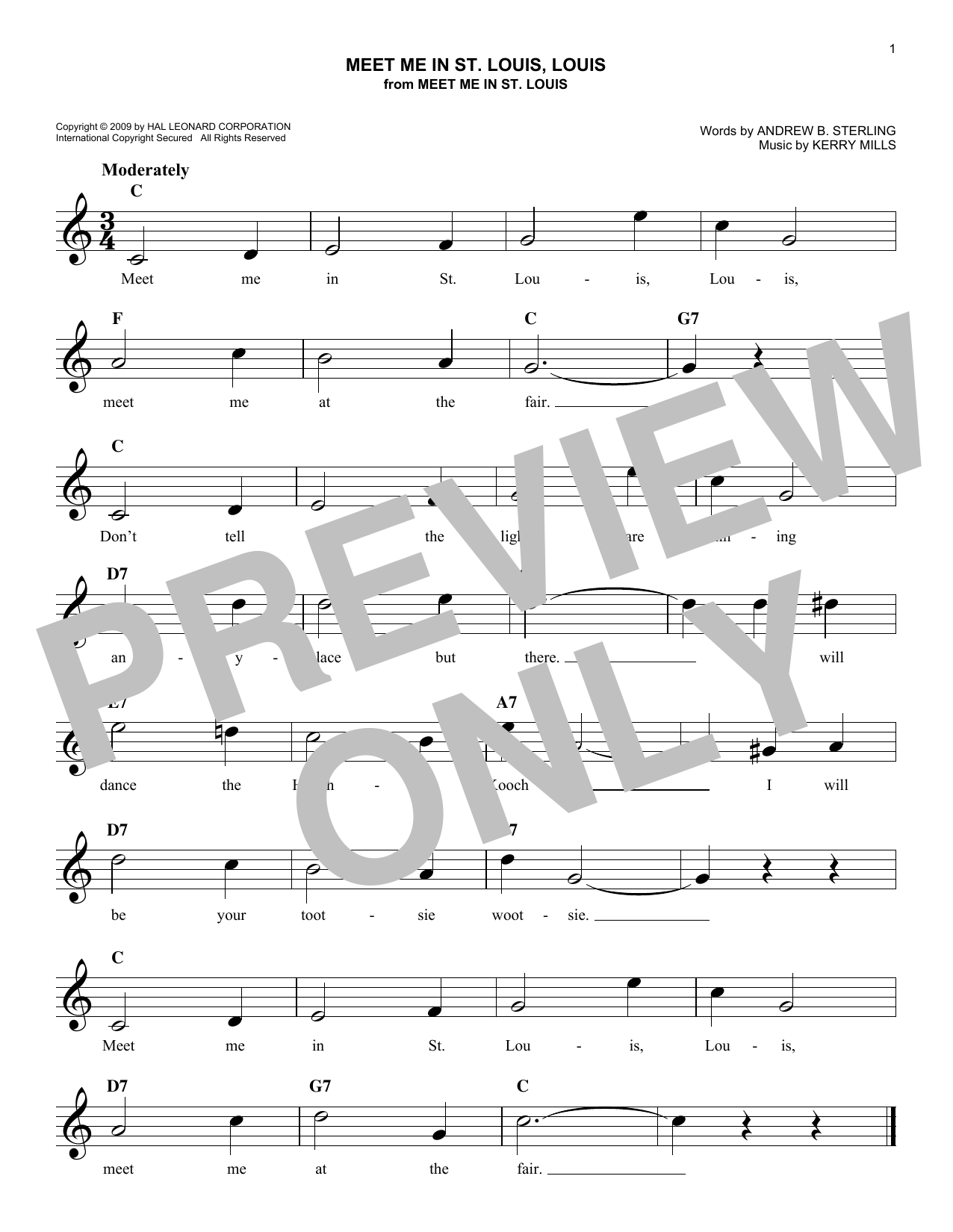 Kerry Mills Meet Me In St. Louis, Louis Sheet Music Notes & Chords for Melody Line, Lyrics & Chords - Download or Print PDF