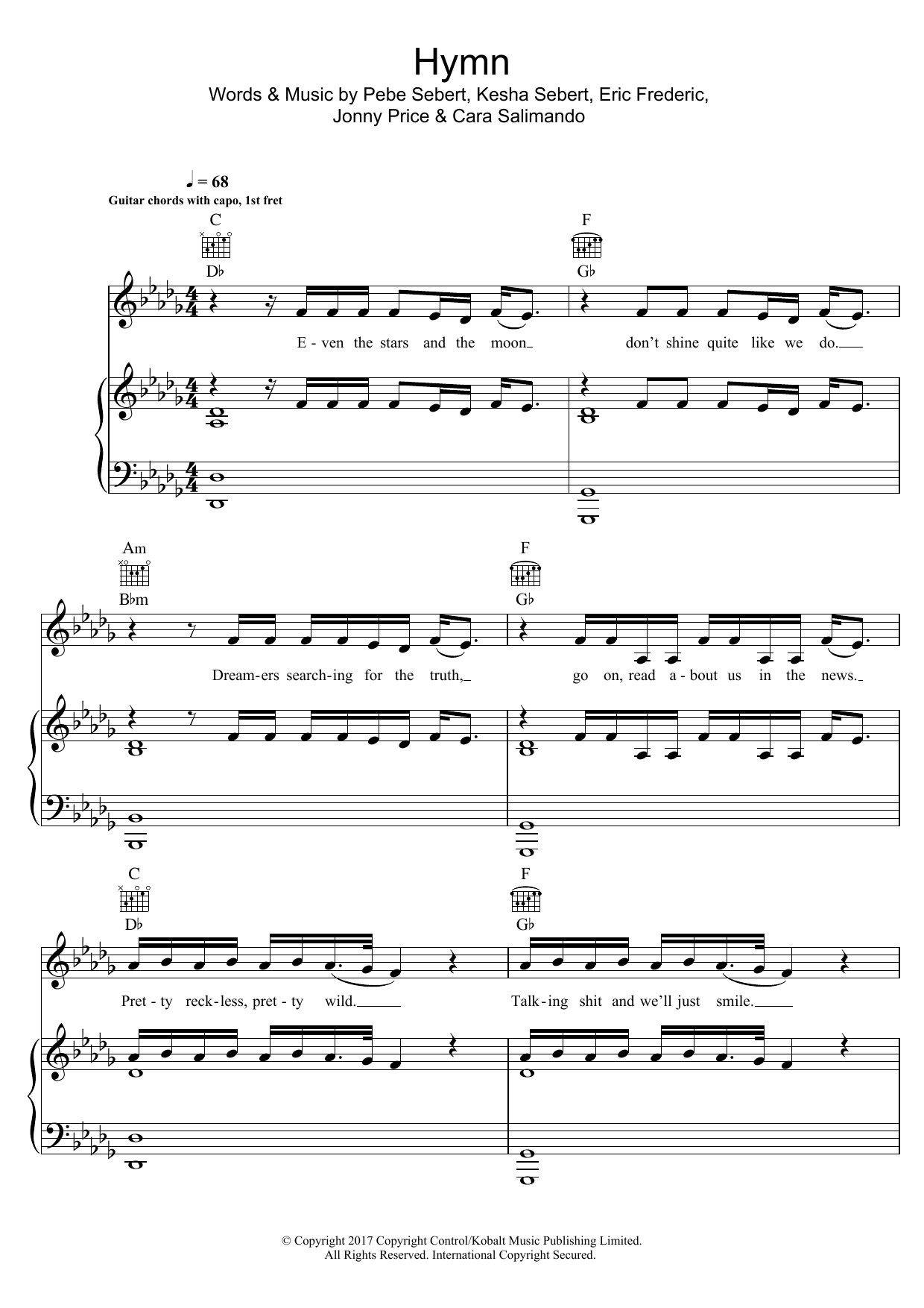 Kesha Hymn Sheet Music Notes & Chords for Piano, Vocal & Guitar (Right-Hand Melody) - Download or Print PDF