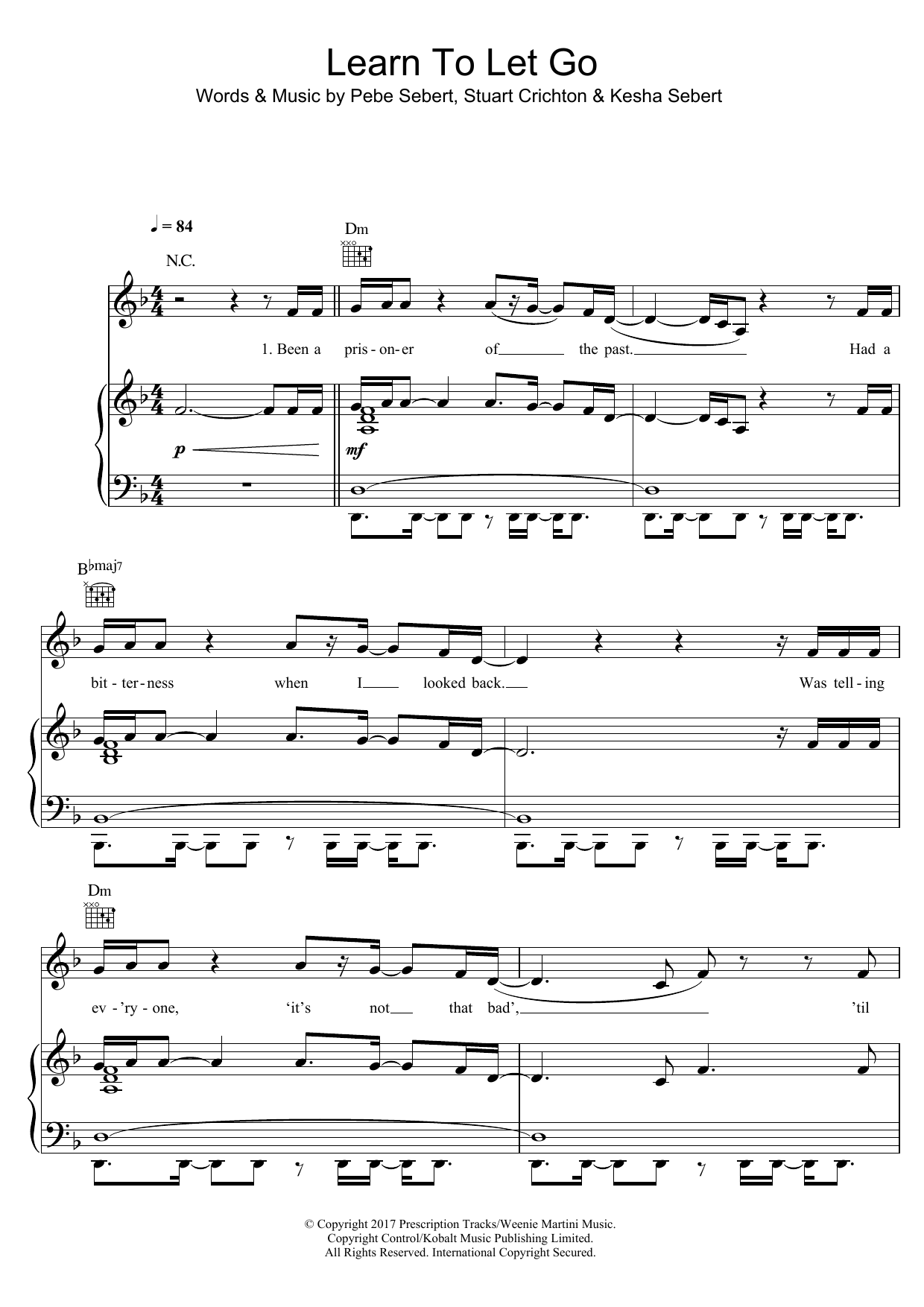 Kesha Learn To Let Go Sheet Music Notes & Chords for Piano, Vocal & Guitar (Right-Hand Melody) - Download or Print PDF