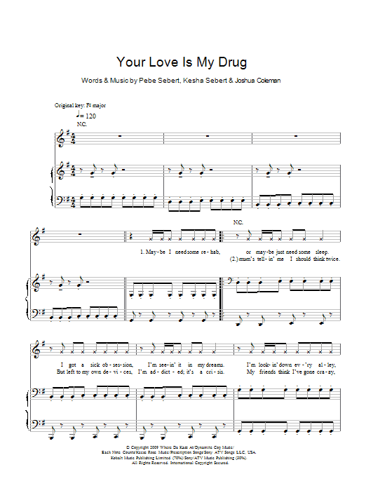 Ke$ha Your Love Is My Drug Sheet Music Notes & Chords for Piano, Vocal & Guitar (Right-Hand Melody) - Download or Print PDF