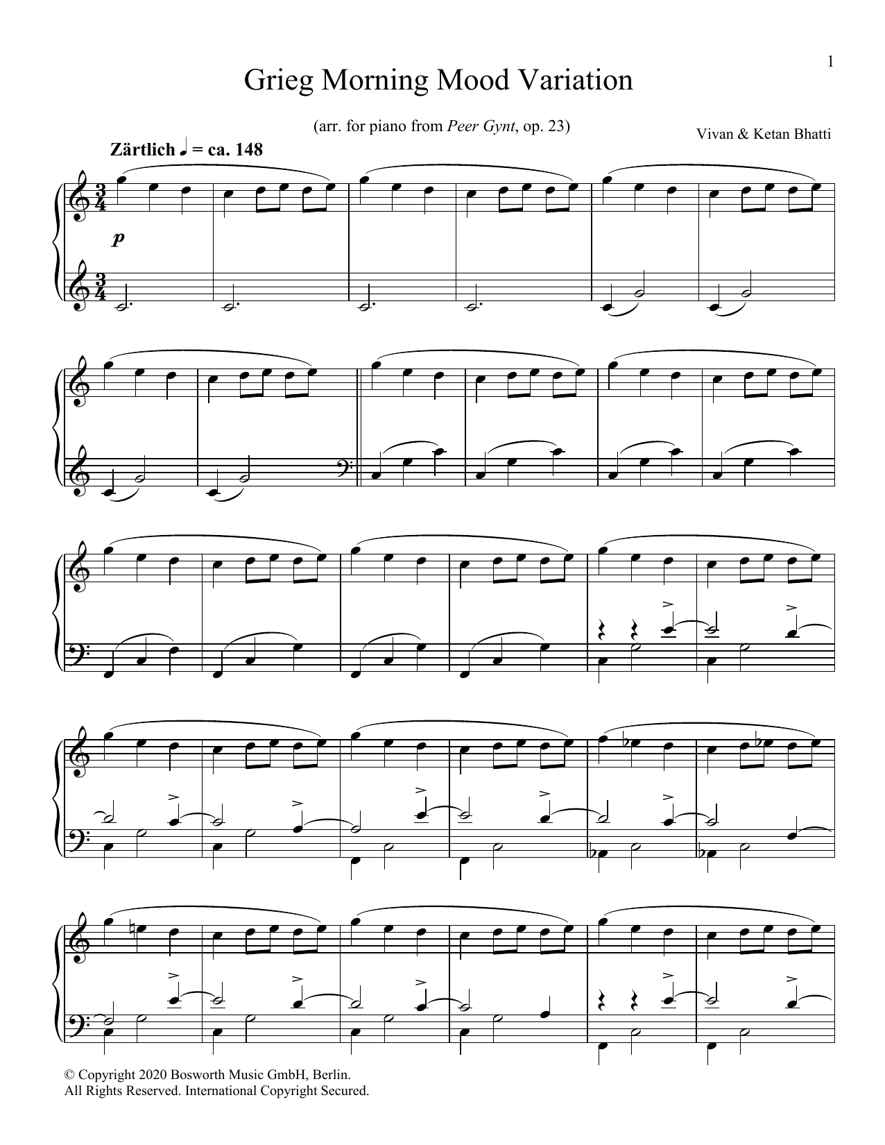 Ketan & Vivan Bhatti Grieg Morning Mood Variation Sheet Music Notes & Chords for Piano Solo - Download or Print PDF