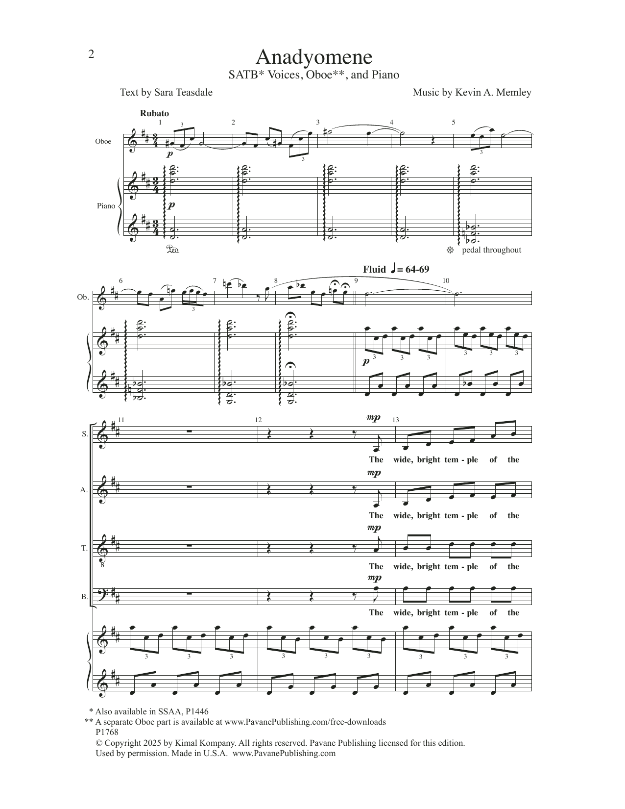 Kevin A. Memley Anadyomene Sheet Music Notes & Chords for Choir - Download or Print PDF