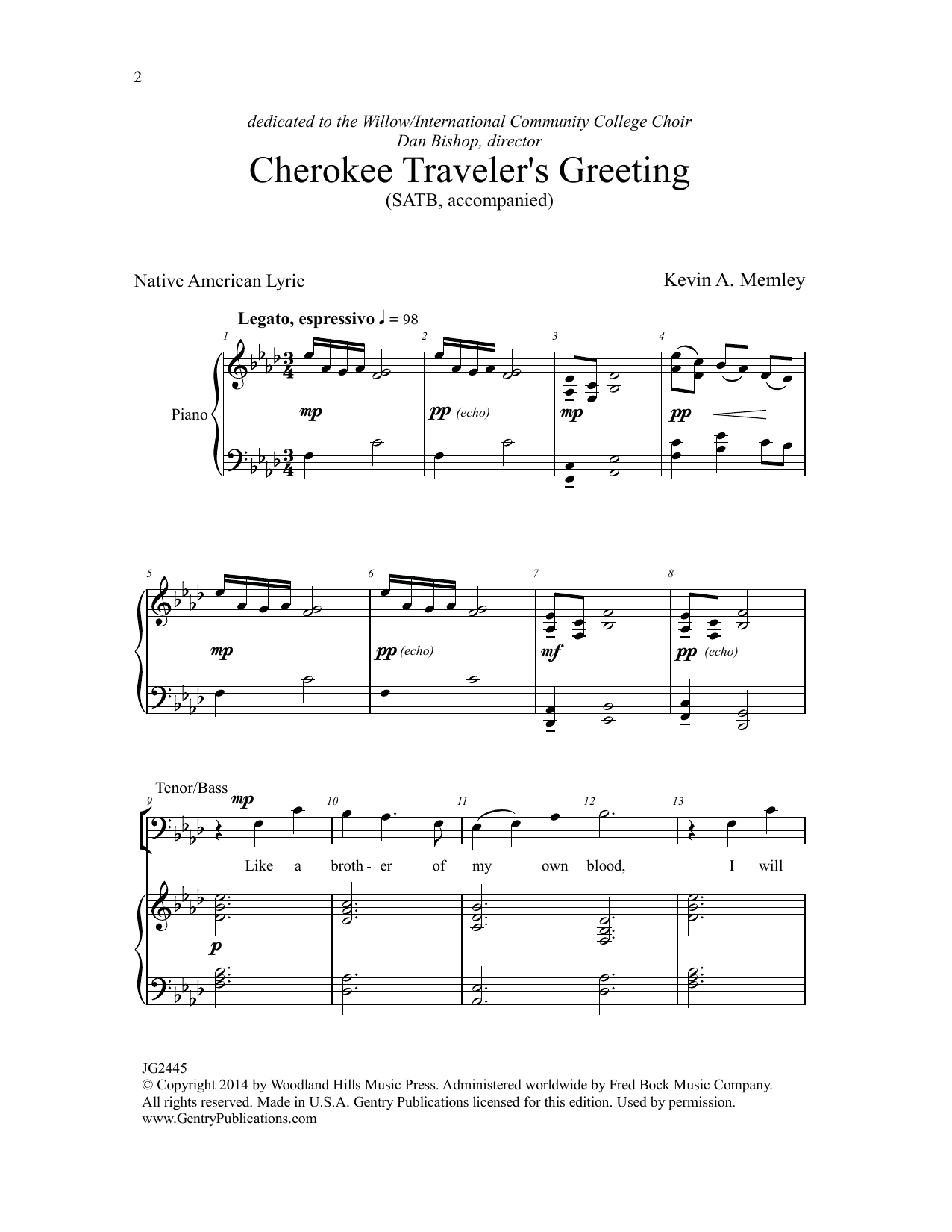 Kevin A. Memley Cherokee Traveler's Greeting Sheet Music Notes & Chords for Choral - Download or Print PDF