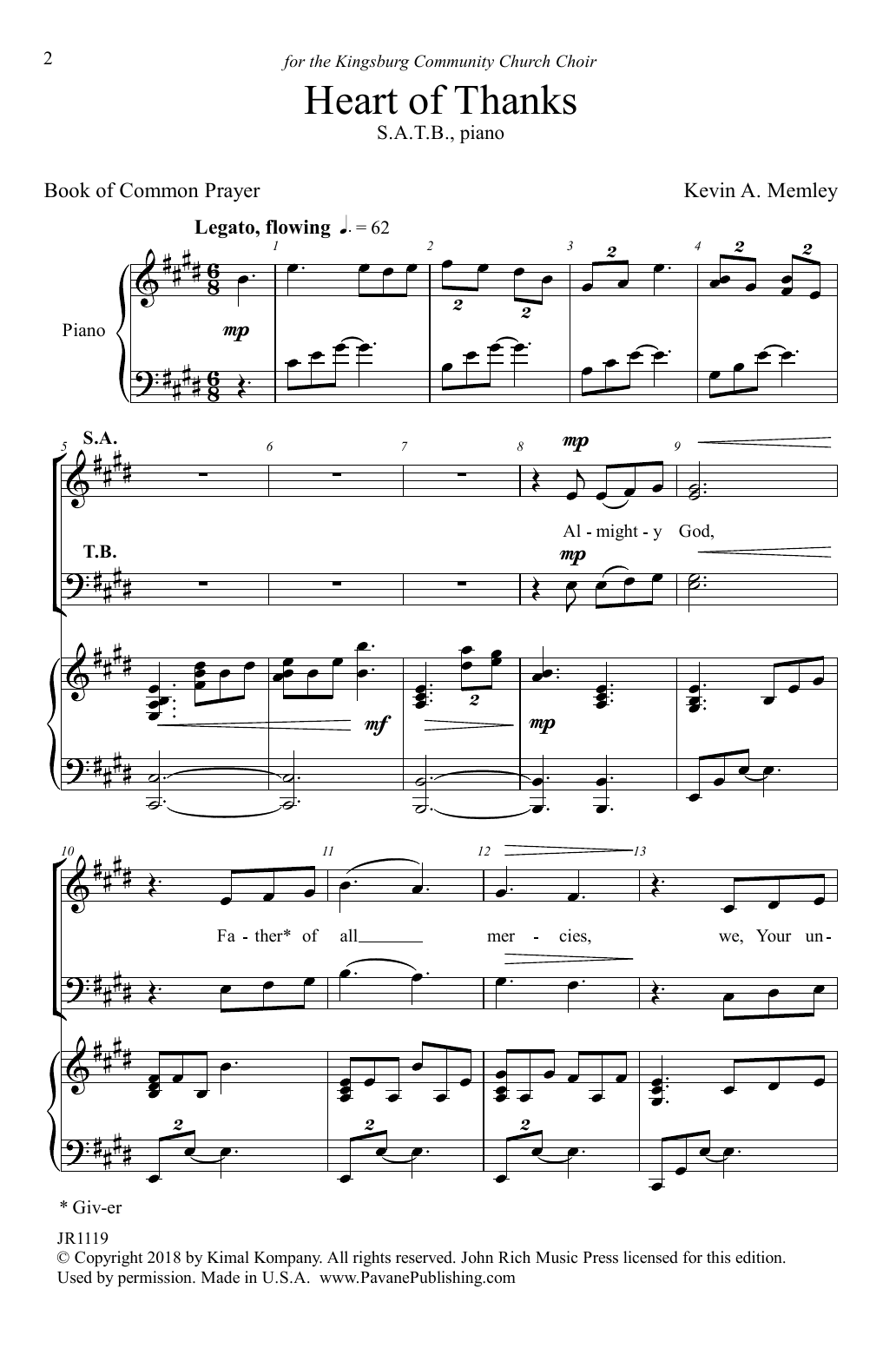 Kevin A. Memley Heart Of Thanks Sheet Music Notes & Chords for Piano & Vocal - Download or Print PDF