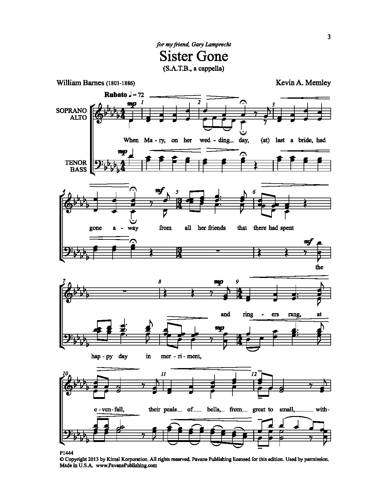 Kevin A. Memley Sister Gone Sheet Music Notes & Chords for Choral - Download or Print PDF