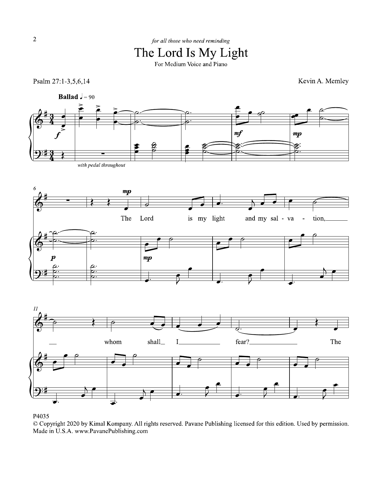 Kevin A. Memley The Lord Is My Light Sheet Music Notes & Chords for Piano & Vocal - Download or Print PDF