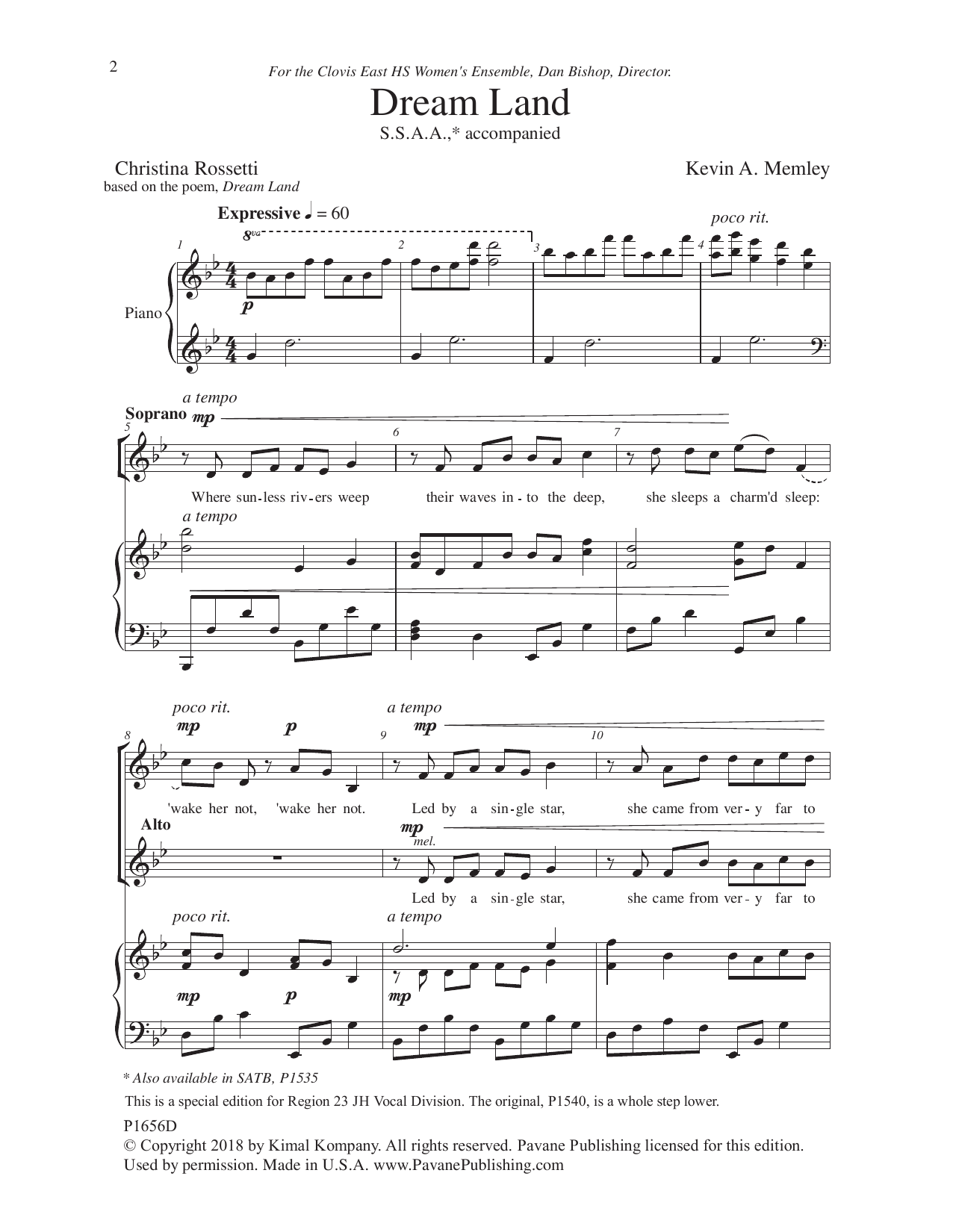 Kevin Memley Dream Land (arr. Christina Rossetti) Sheet Music Notes & Chords for SSAA Choir - Download or Print PDF