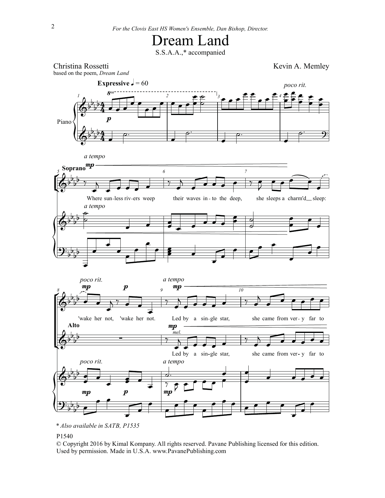 Kevin Memley Dream Land Sheet Music Notes & Chords for SSA Choir - Download or Print PDF