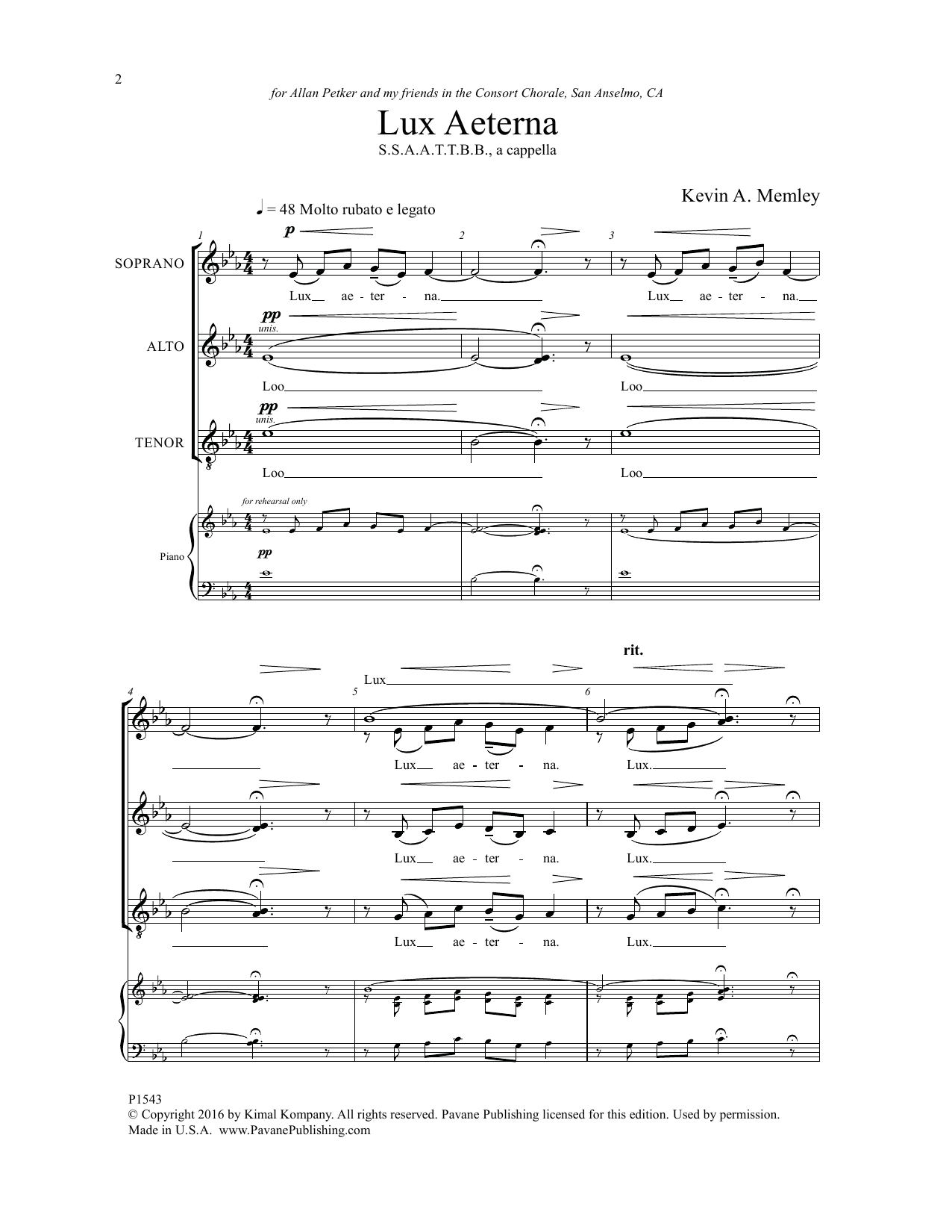 Kevin Memley Lux Aeterna Sheet Music Notes & Chords for Choral - Download or Print PDF