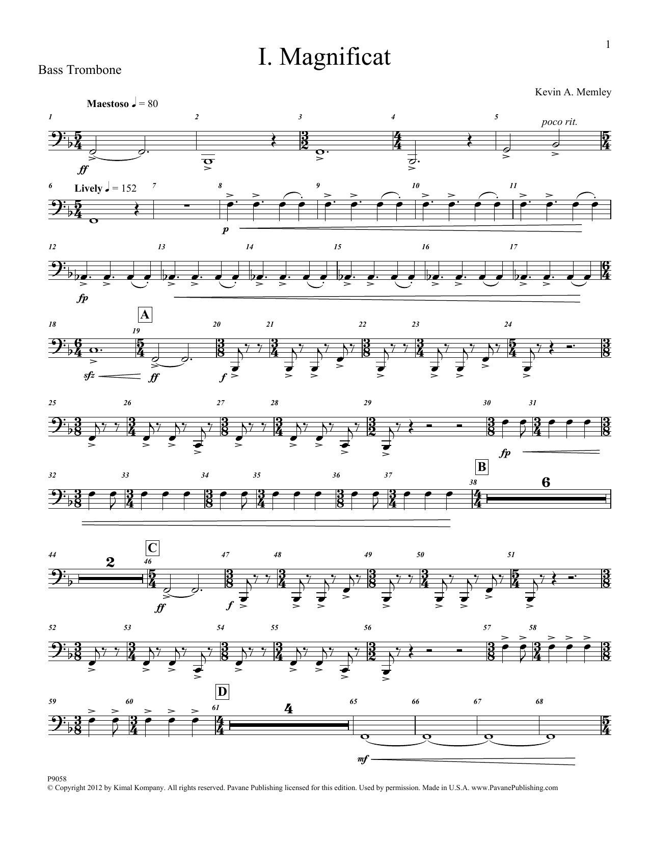 Kevin Memley Magnificat (Brass and Percussion) (Parts) - Bass Trombone Sheet Music Notes & Chords for Choir Instrumental Pak - Download or Print PDF